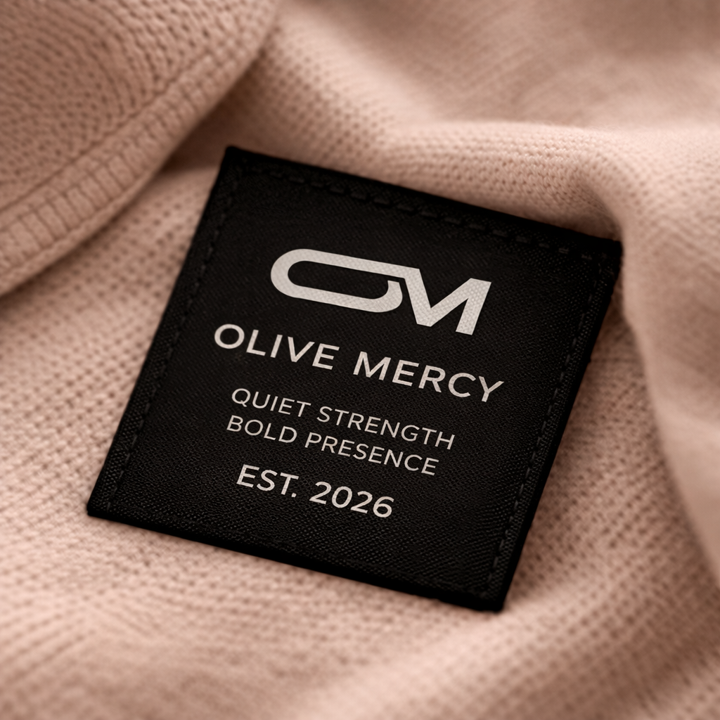 Olive Mercy black clothing label mockup featuring the OM monogram, brand name, tagline and established date on soft fabric.