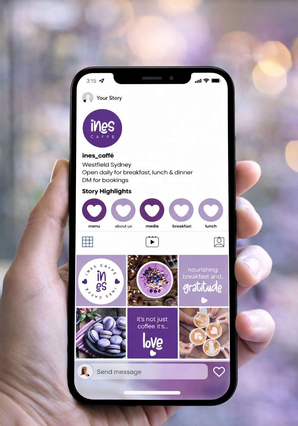 Ines Caffe Instagram social media mockup displayed on a phone, featuring purple café branding, story highlights and branded content grid.