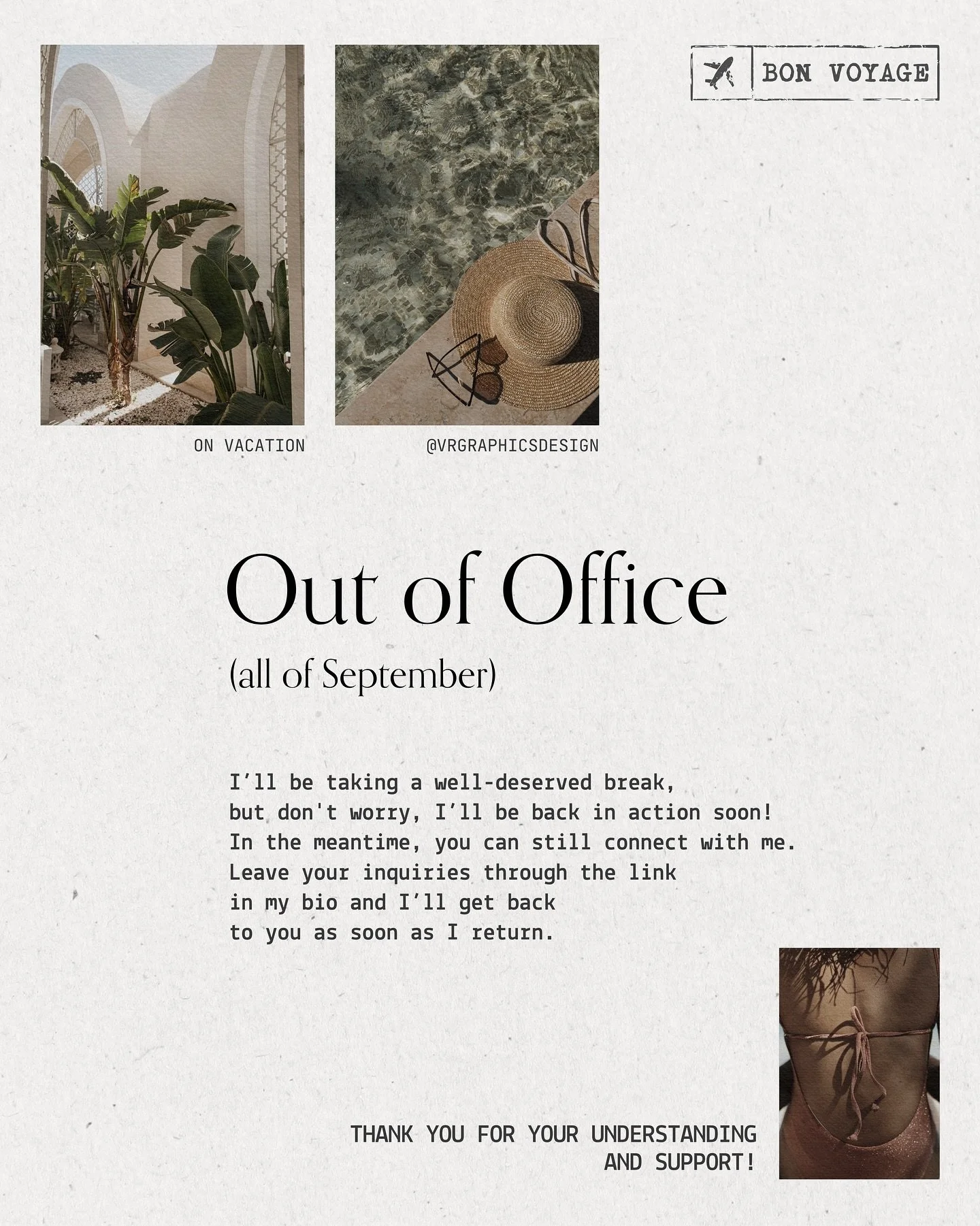 ✨ Out of Office Notice ✨

After many years without a proper long break, I&rsquo;m taking the month of September completely offline to recharge, reset, and soak in some well-deserved rest.

During this time, I won&rsquo;t be checking emails or message