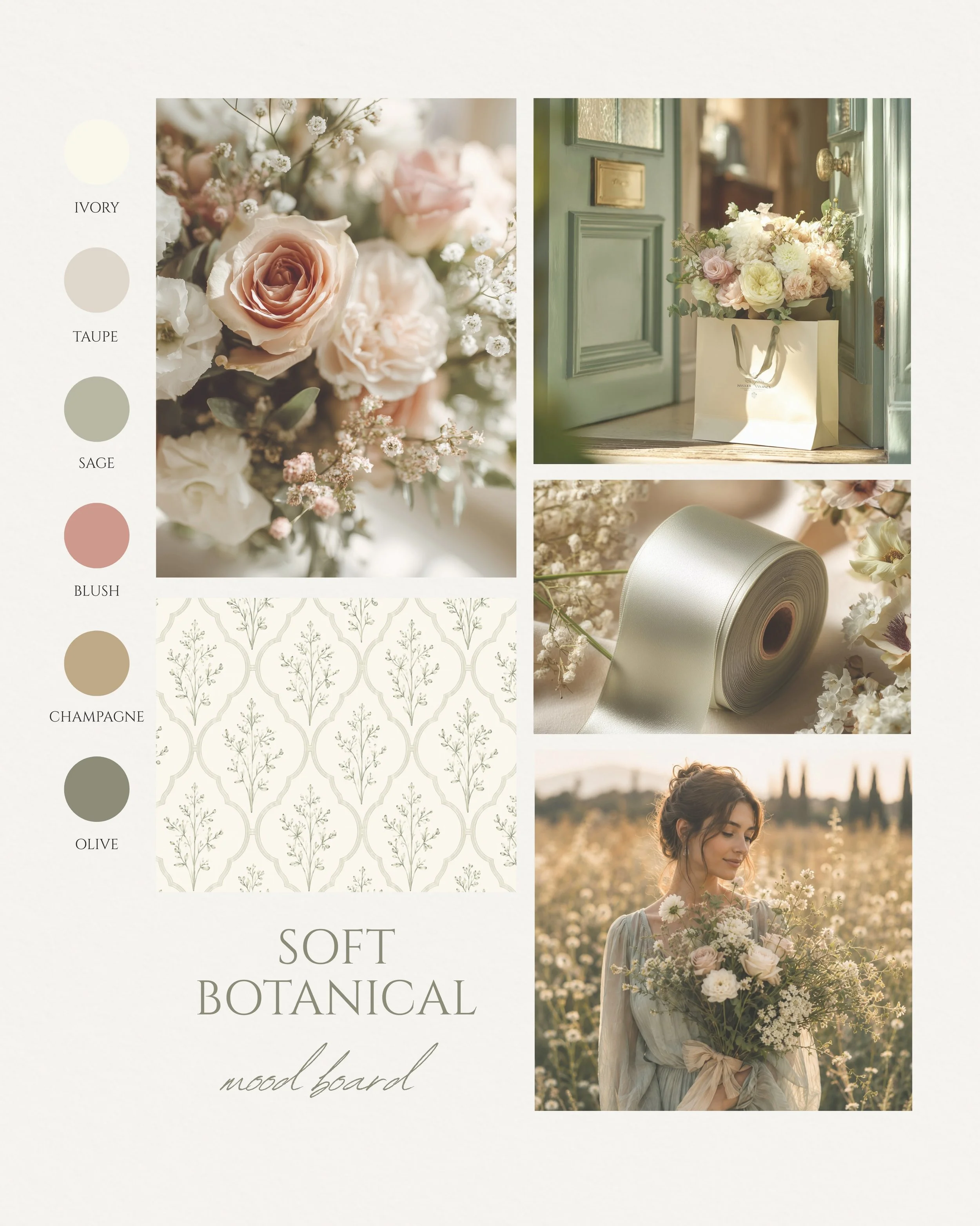Soft botanical mood board for a new florist brand.

A gentle mix of sage, ivory, blush and champagne tones to create a romantic, natural and timeless brand direction.

This is where the feeling of the brand starts to come to life.

Visit vrgraphics.c