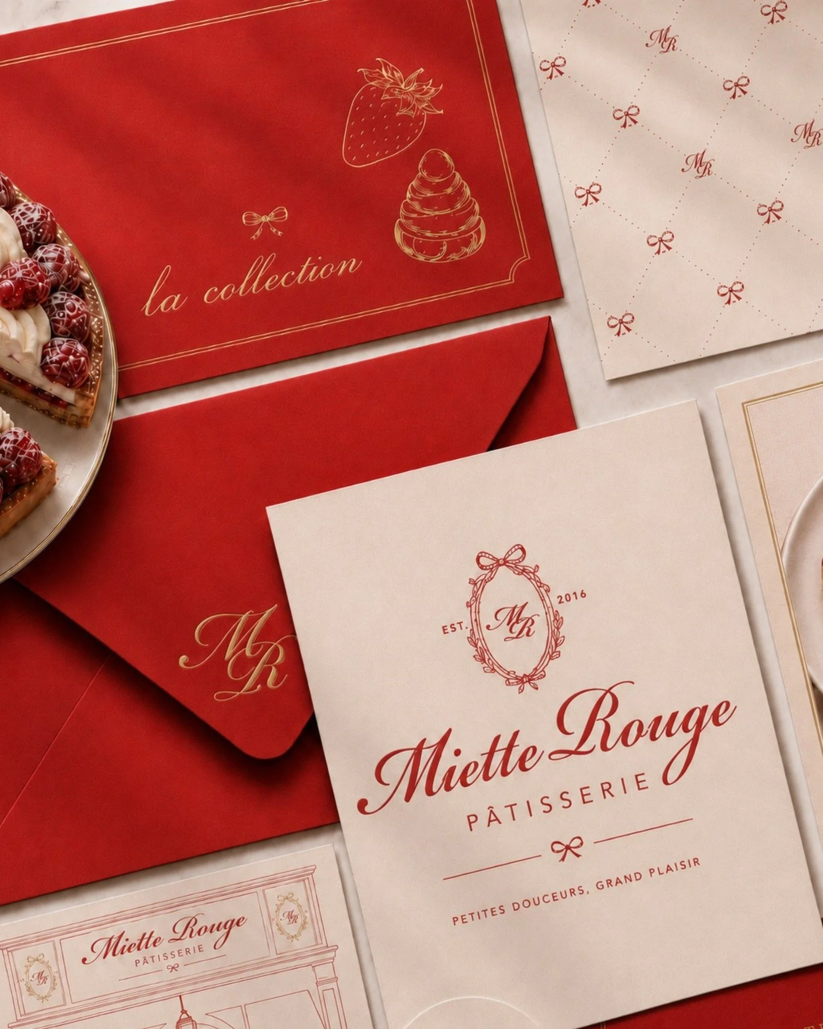 Miette Rouge,  a p&acirc;tisserie brand concept wrapped in romance, rouge and a little bite of theatre.

Designed with delicate French-inspired typography, soft cream paper textures, ribbon details, custom illustration, patisserie packaging and a ric