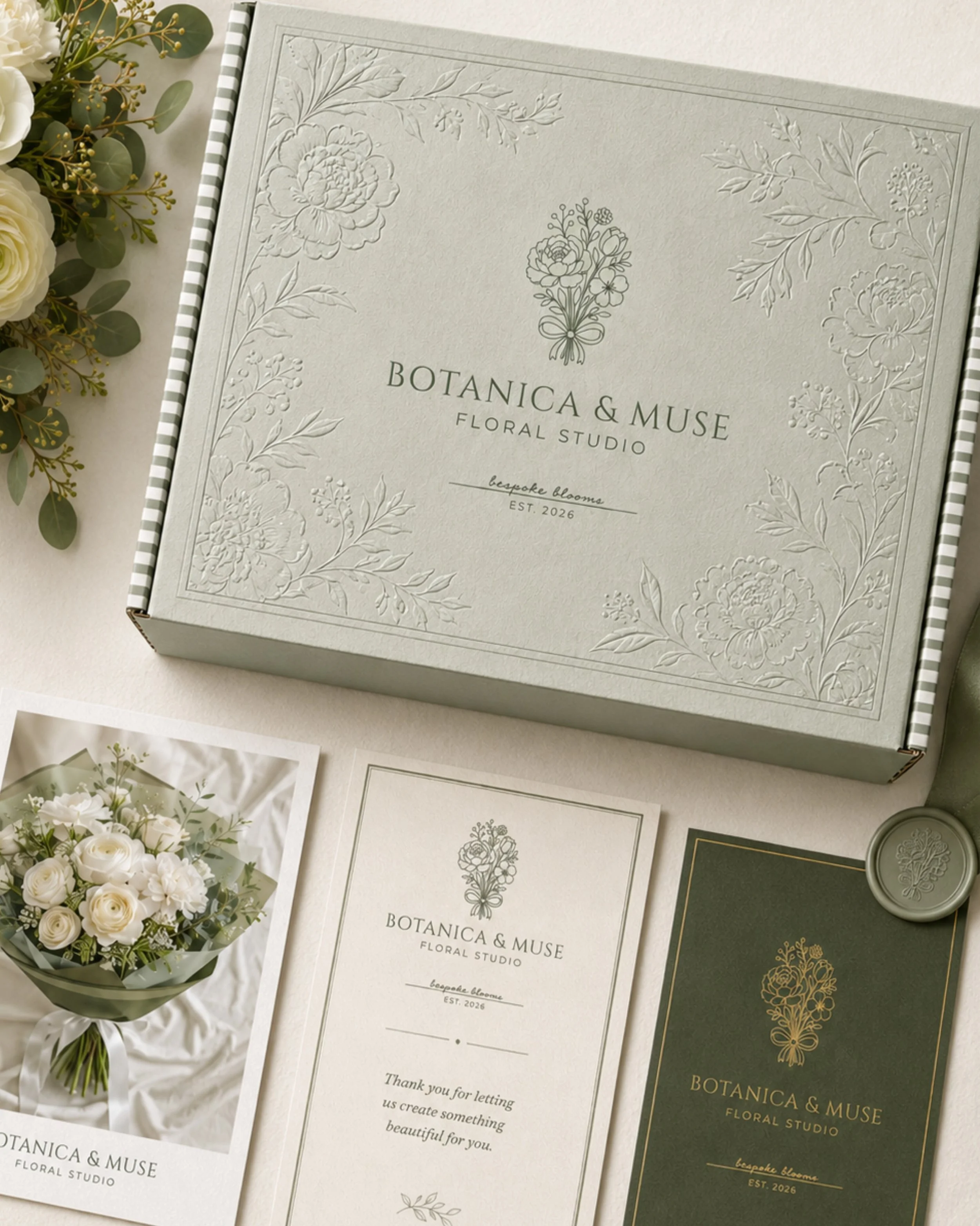A little peek into a floral brand world I created 🌿

Botanica &amp; Muse was designed as a soft, romantic premade brand identity for a bespoke floral studio, think textured papers, botanical line work, muted greens, cream tones and a touch of quiet 