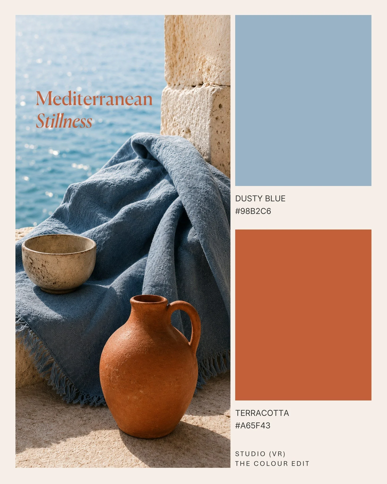 Mediterranean Stillness.
I&rsquo;ve always loved the way colour can transport you somewhere.
This collection was inspired by sun-washed stone, sparkling coastal water, soft linen, handmade ceramics and the warm, earthy tones of the Mediterranean.

Fr