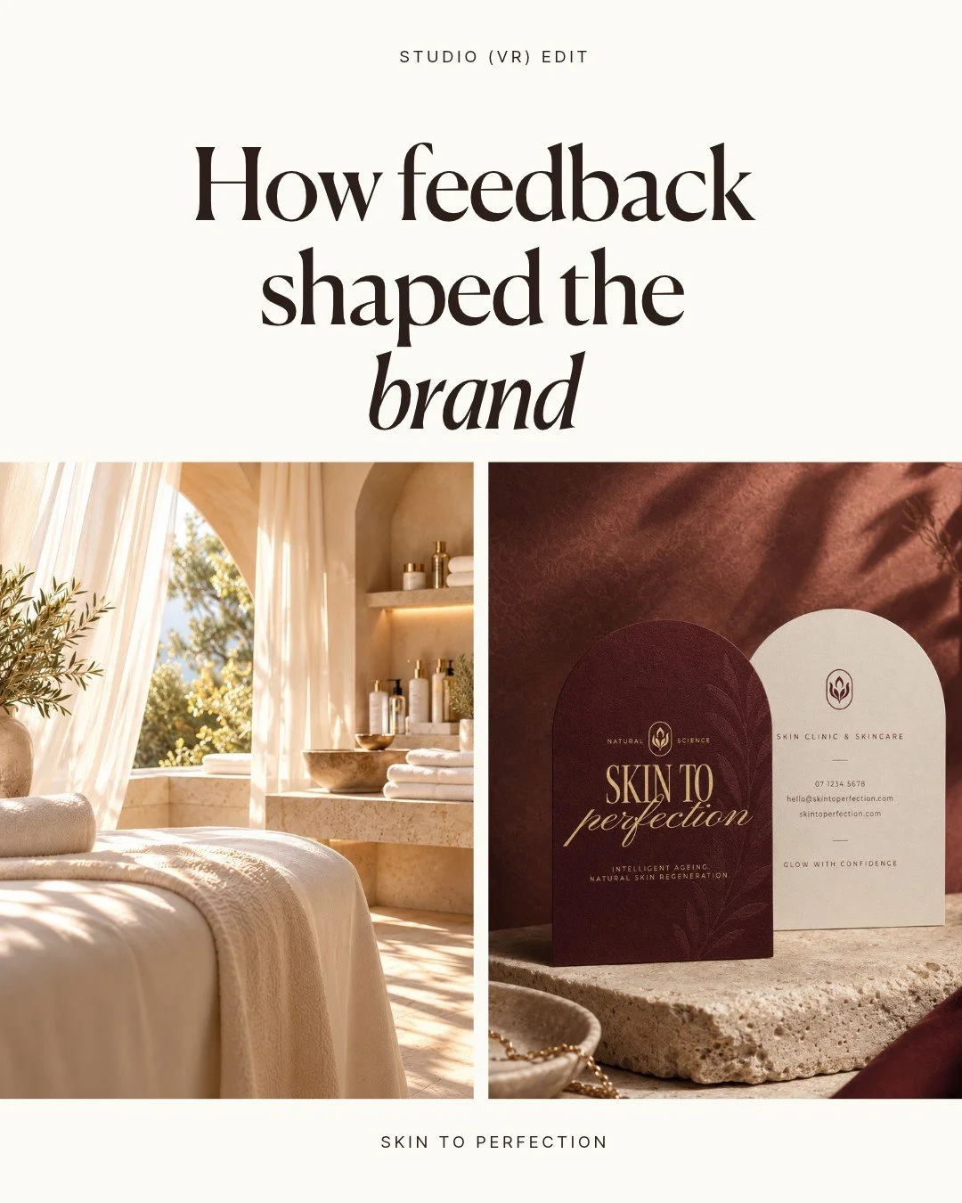 Sometimes, a conversation is what brings a brand into focus.

The first direction for Skin to Perfection explored botanical greens and warm neutrals. Through feedback, the vision became clearer: something richer, more luxurious and exclusive.

Deep b