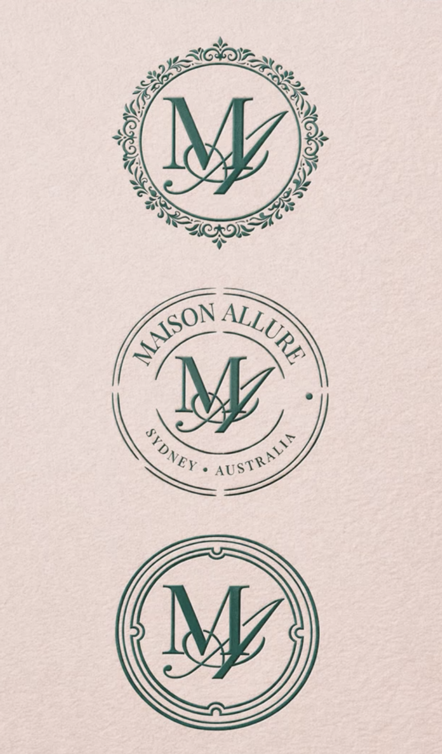 Maison Allure brandmark logo variations featuring elegant green monogram designs, circular emblems and refined interior design branding.