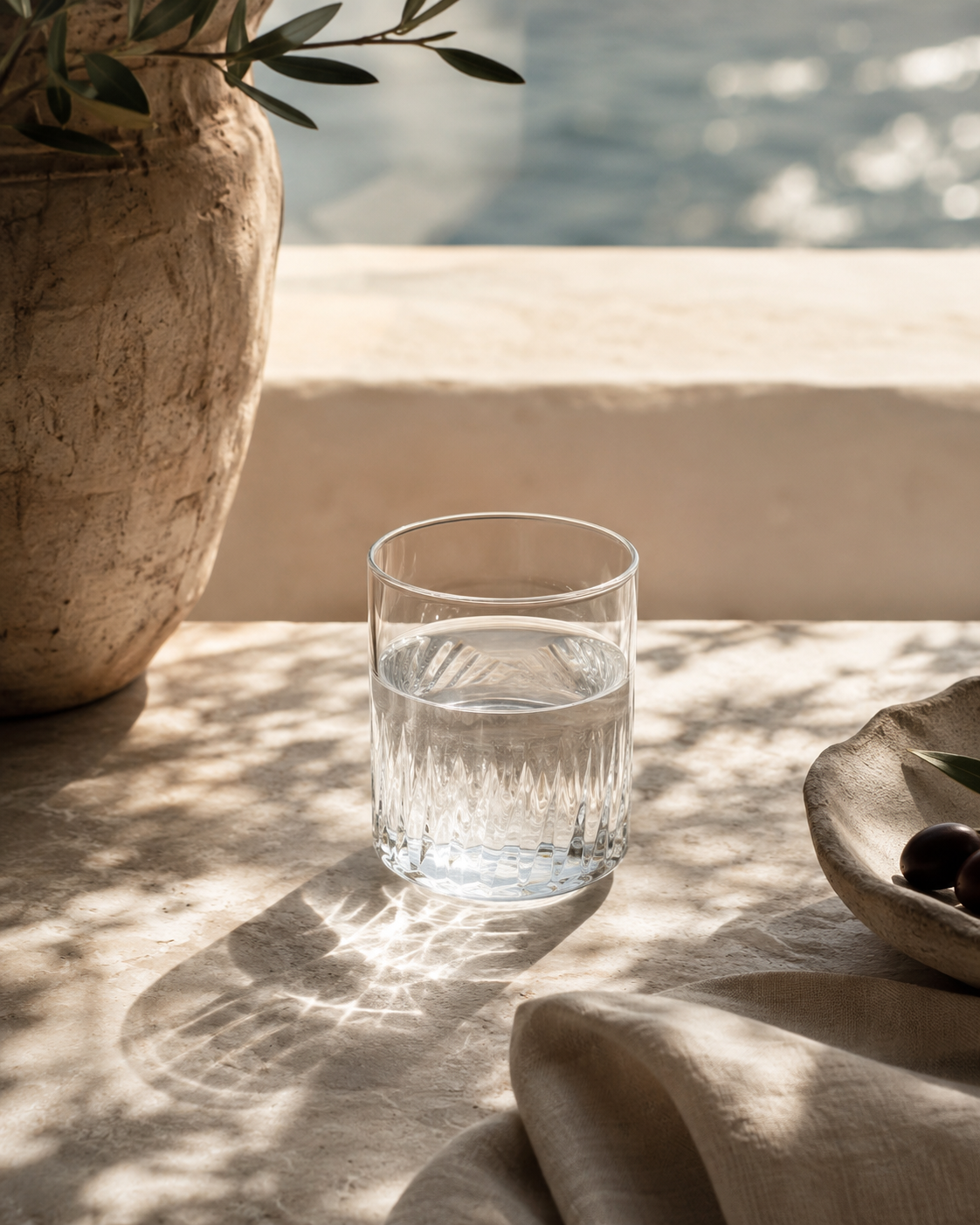 A glass of water on a marble surface with dappled sunlight and shadows, next to a large pot with a plant and a marble bowl with black olives and greenery.