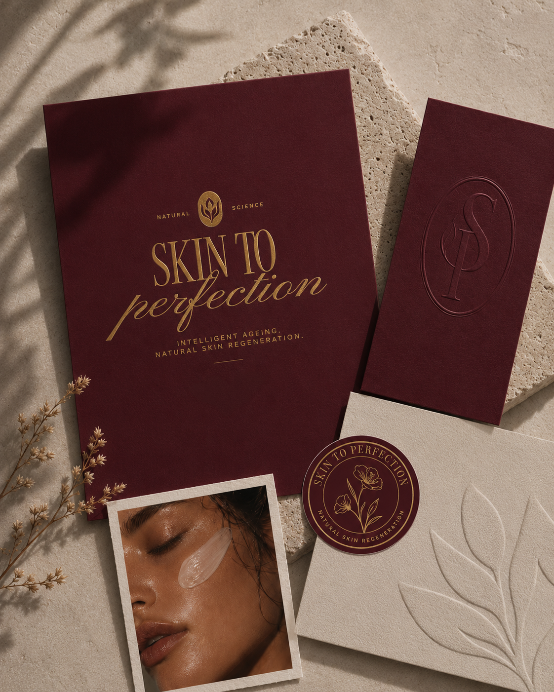 Skin to Perfection luxury brand identity featuring burgundy and gold stationery, botanical logos and premium skincare imagery.
