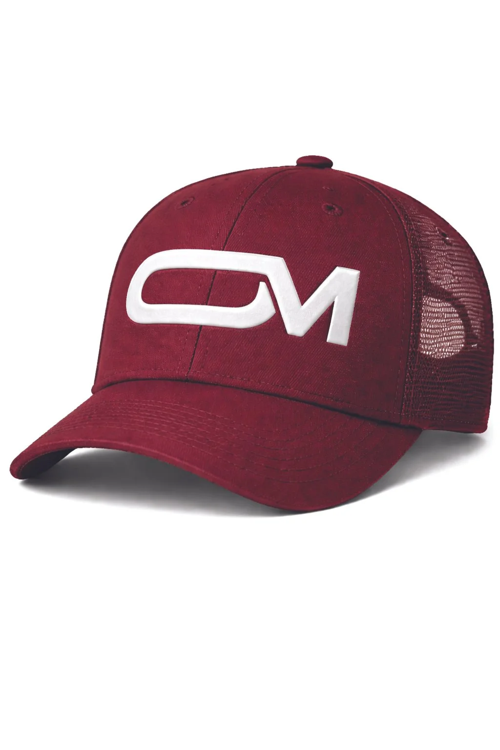 Olive Mercy maroon cap mockup featuring a white OM monogram logo on the front.