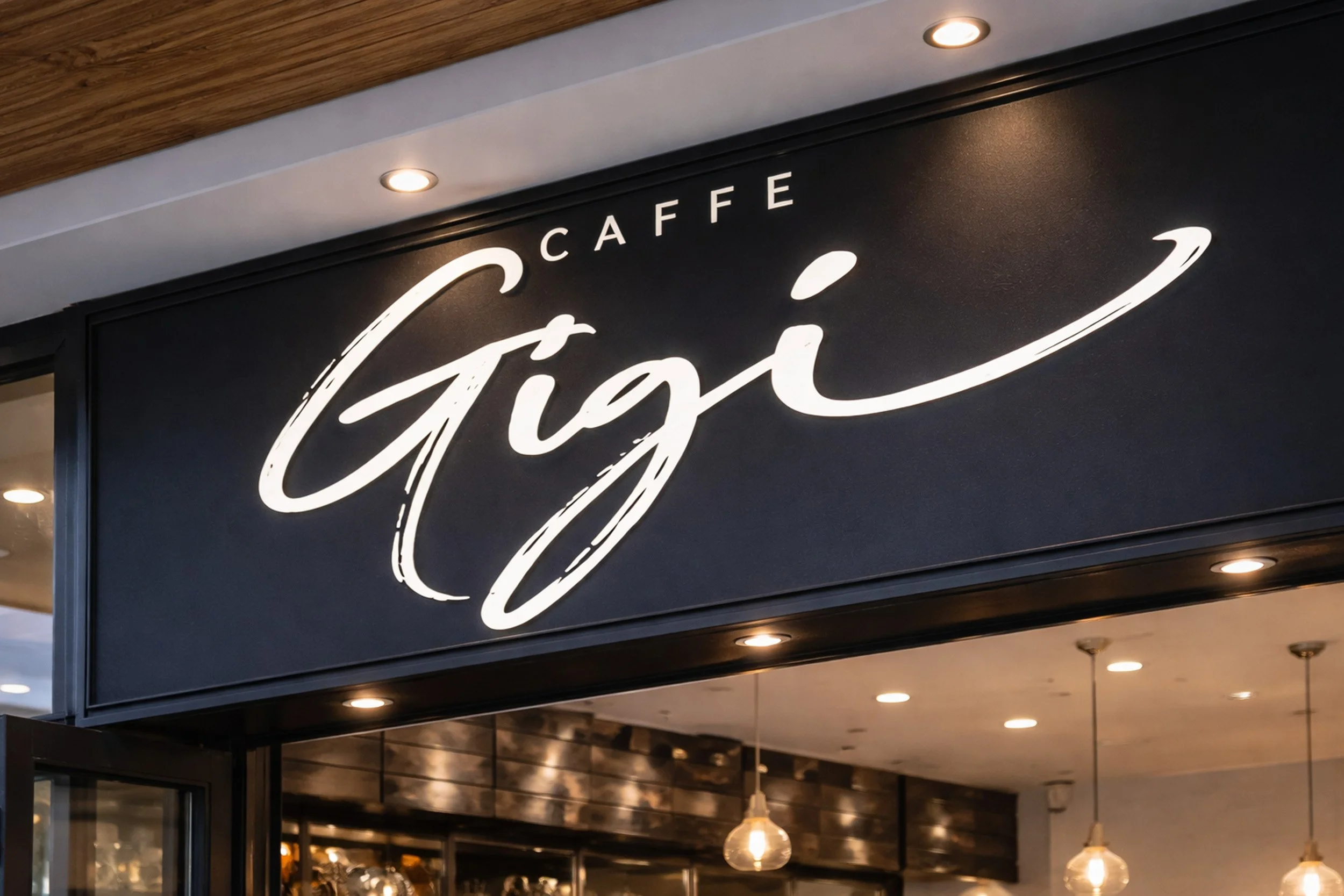 Caffè Gigi storefront signage mockup featuring a black exterior sign with white handwritten logo lettering and warm café interior lighting.