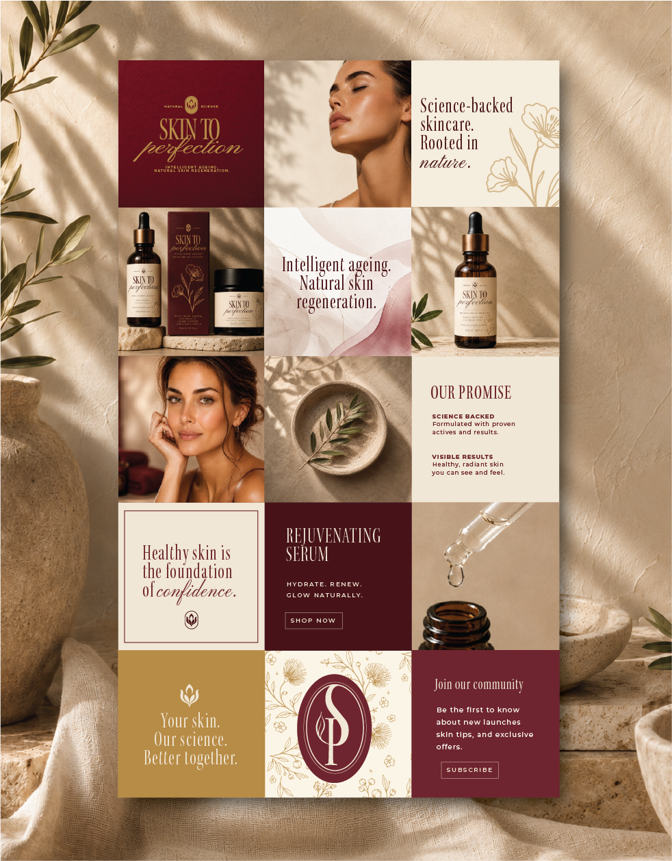 Skin to Perfection social media grid featuring burgundy and cream branding, skincare products, botanical graphics and beauty imagery.