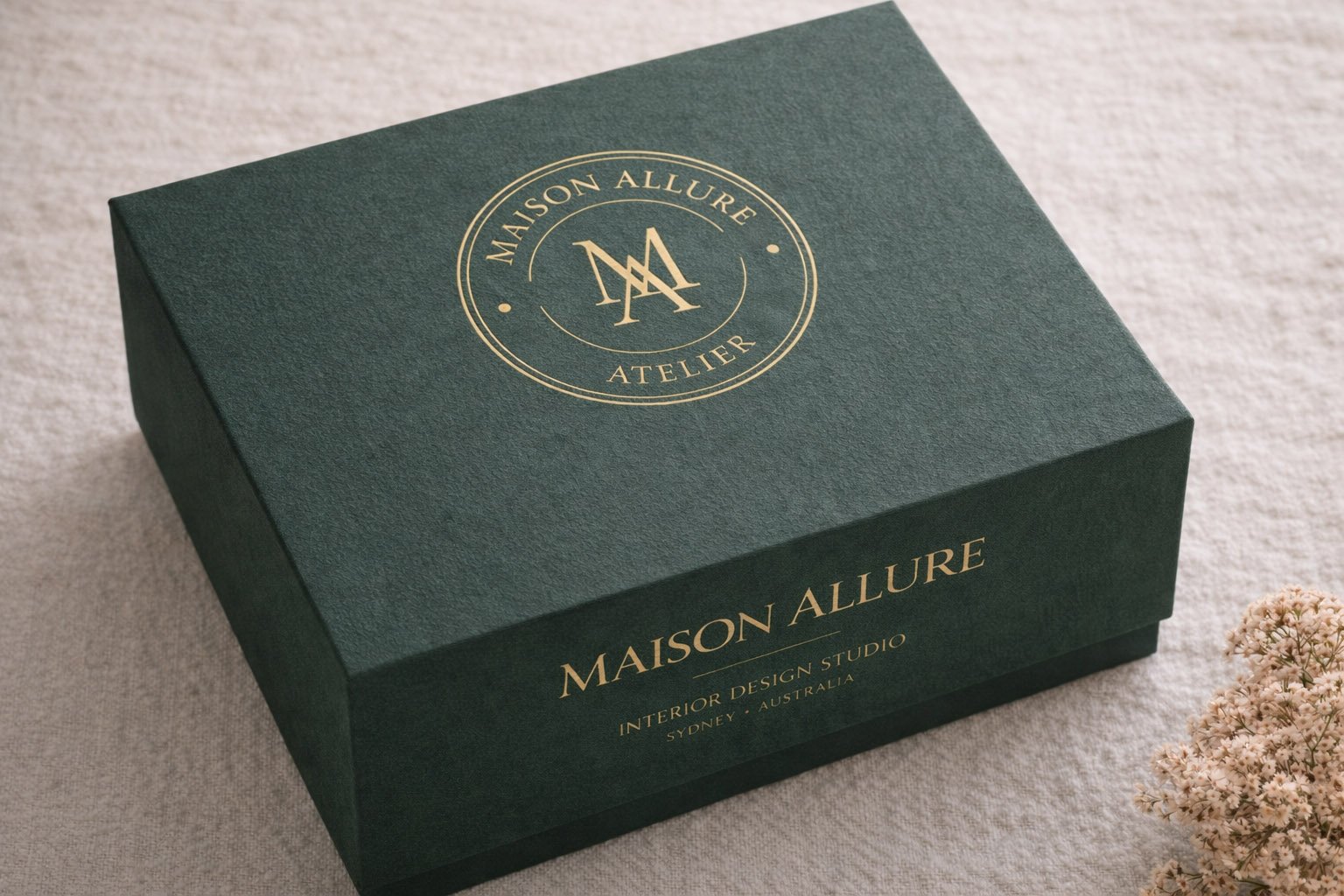 Maison Allure luxury brand box mockup featuring a deep green box with gold logo, monogram and elegant interior design studio branding.