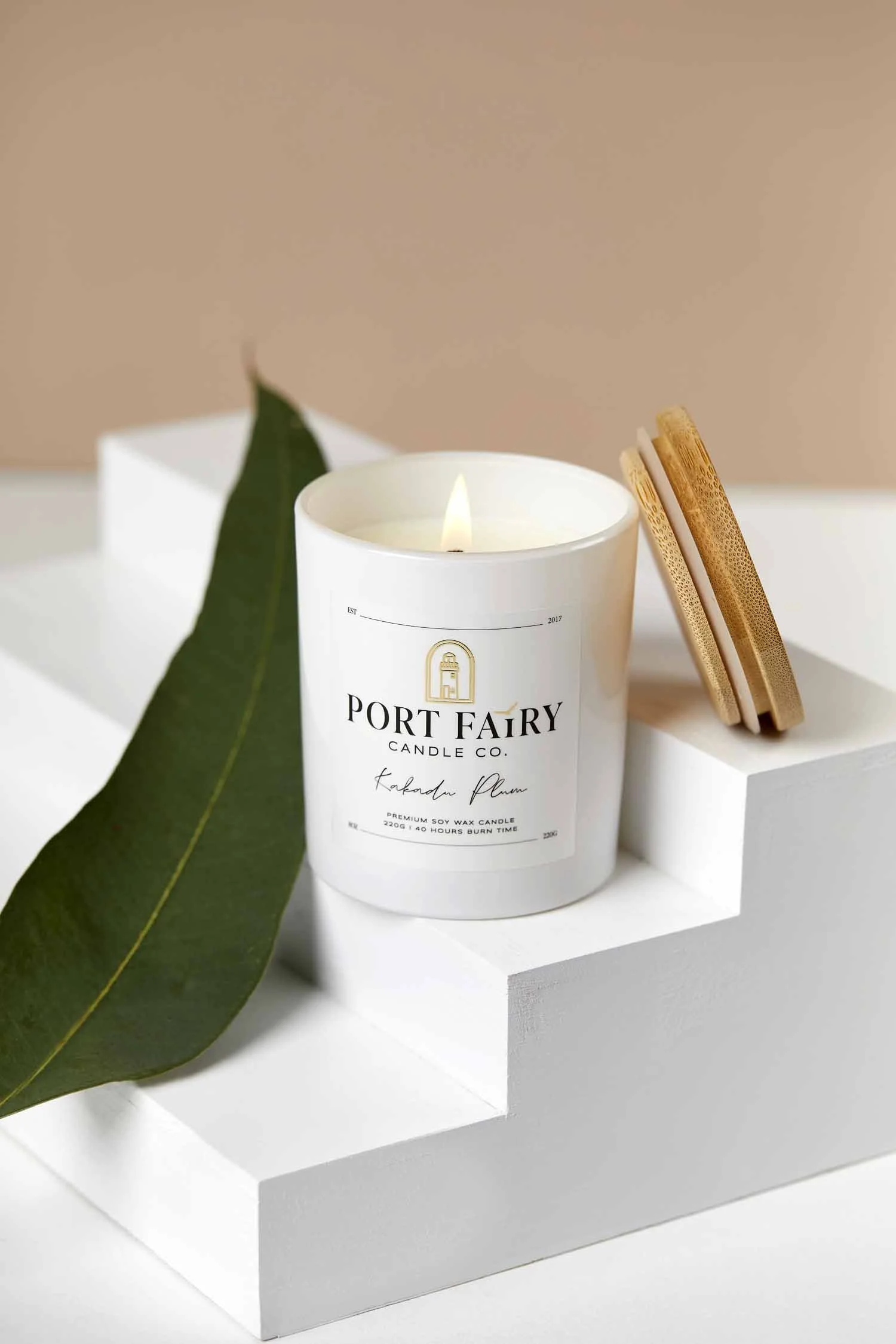 Port Fairy Candle Co. single candle mockup featuring a lit white soy wax candle with bamboo lid, eucalyptus leaf and minimal product styling.