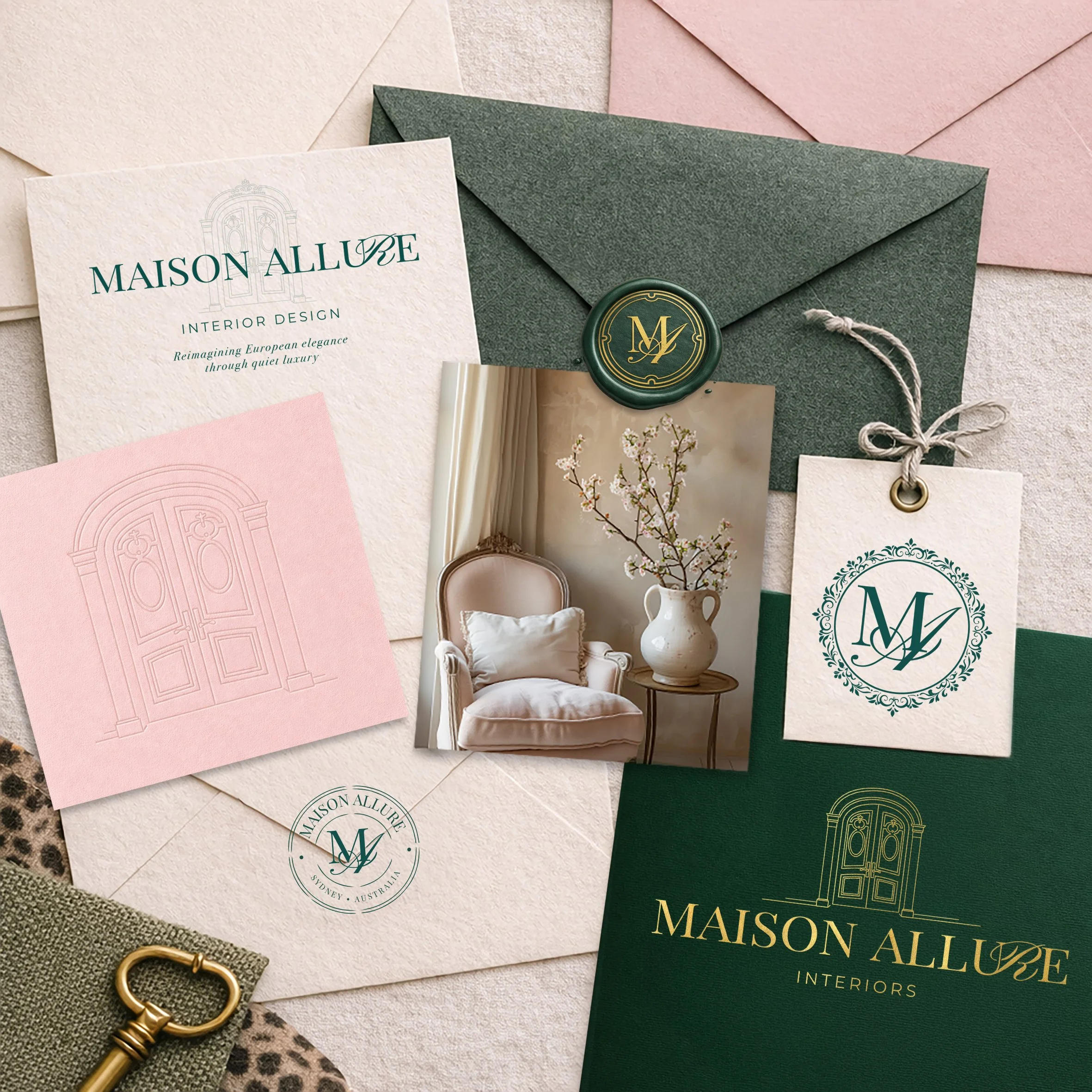Maison Allure Interior Design brand identity mockup featuring logo designs, monogram, doorway icon, print collateral, wax seal and soft elegant interior styling.