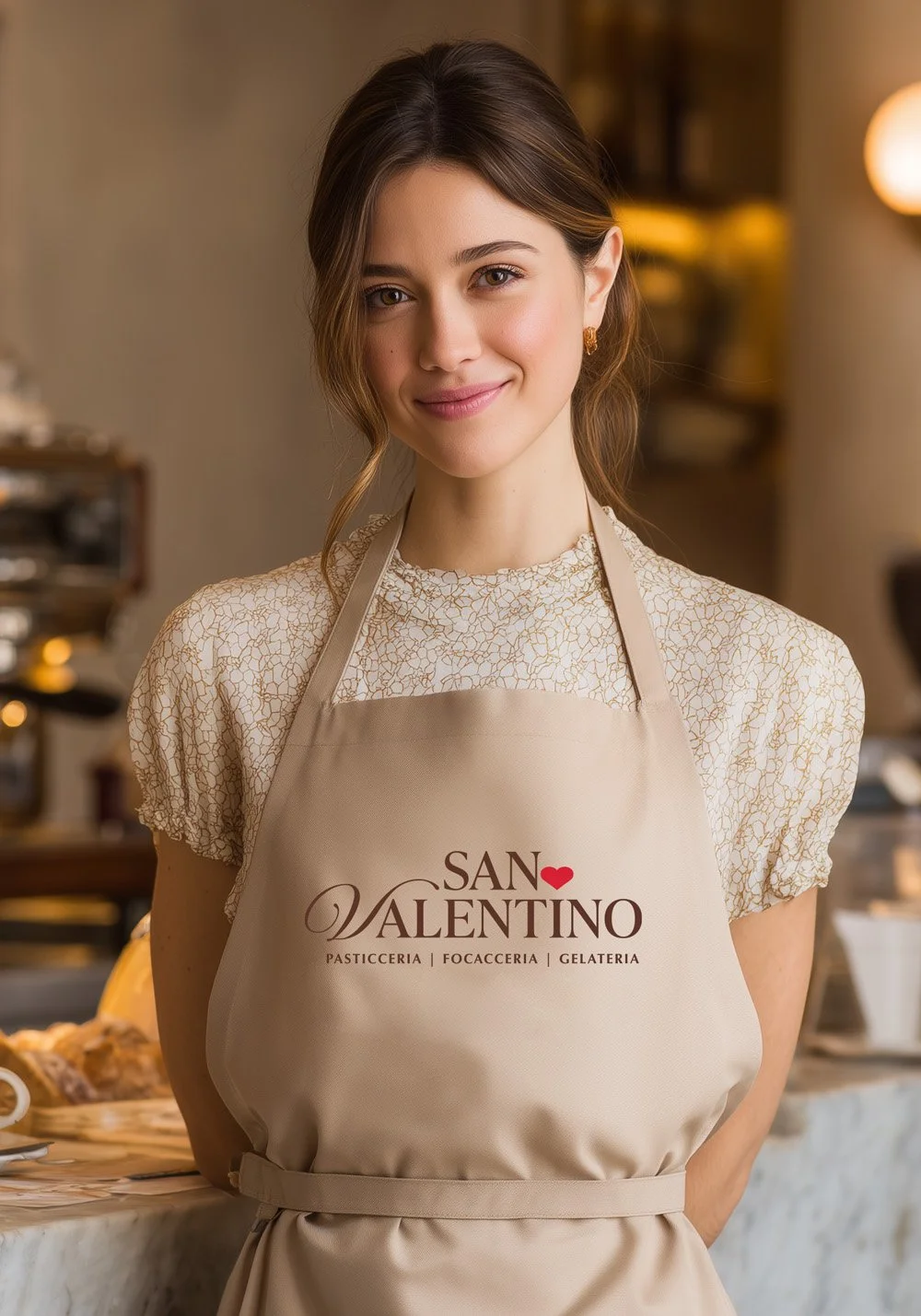 San Valentino Pasticceria apron uniform mockup featuring the brand logo on a beige apron worn in a warm bakery setting.