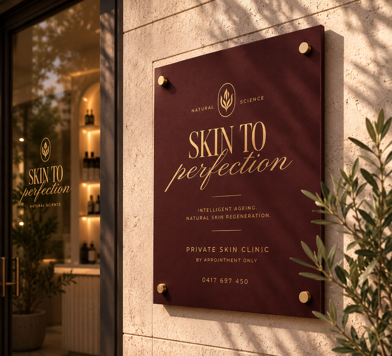 Burgundy and gold Skin to Perfection clinic sign mounted on a stone wall outside a luxury skincare studio.