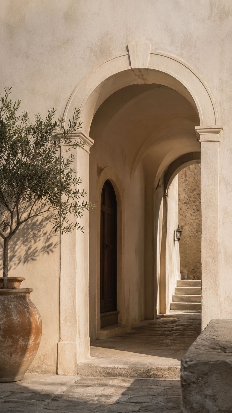 Sunlit Mediterranean-style courtyard with arched walkways, a potted olive tree, stone steps, and warm beige stucco walls.