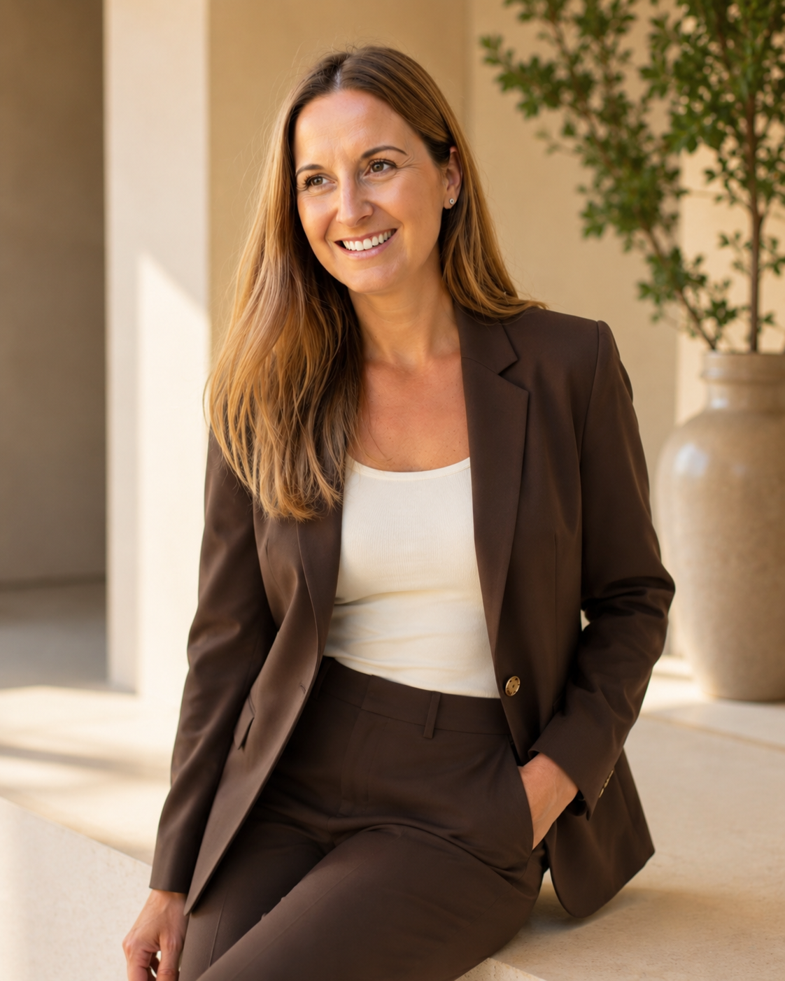 A woman with long, light brown hair, dressed in a dark brown blazer and matching trousers, sitting outdoors near a large potted plant, smiling and looking to her right.