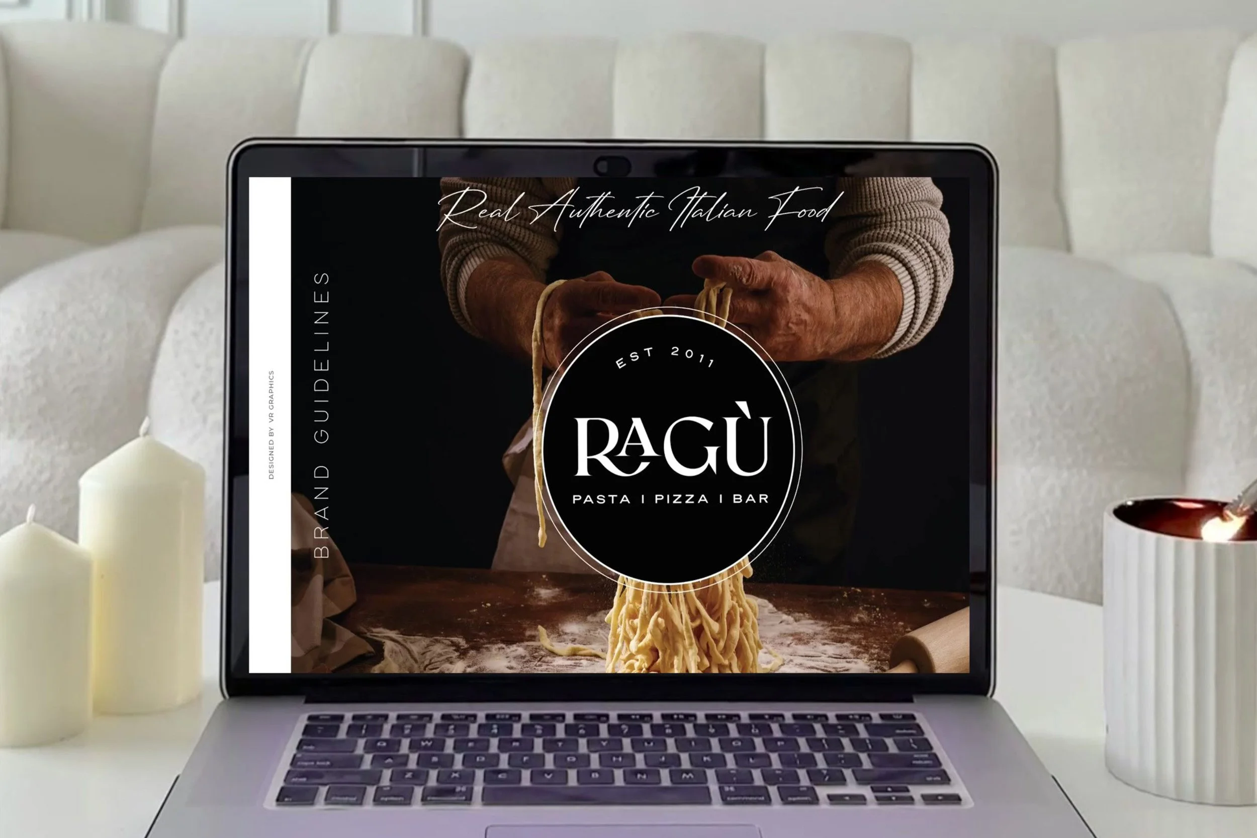 Ragù Pasta Pizza Bar website mockup displayed on a laptop, featuring the brand logo over handmade pasta imagery with authentic Italian food styling.