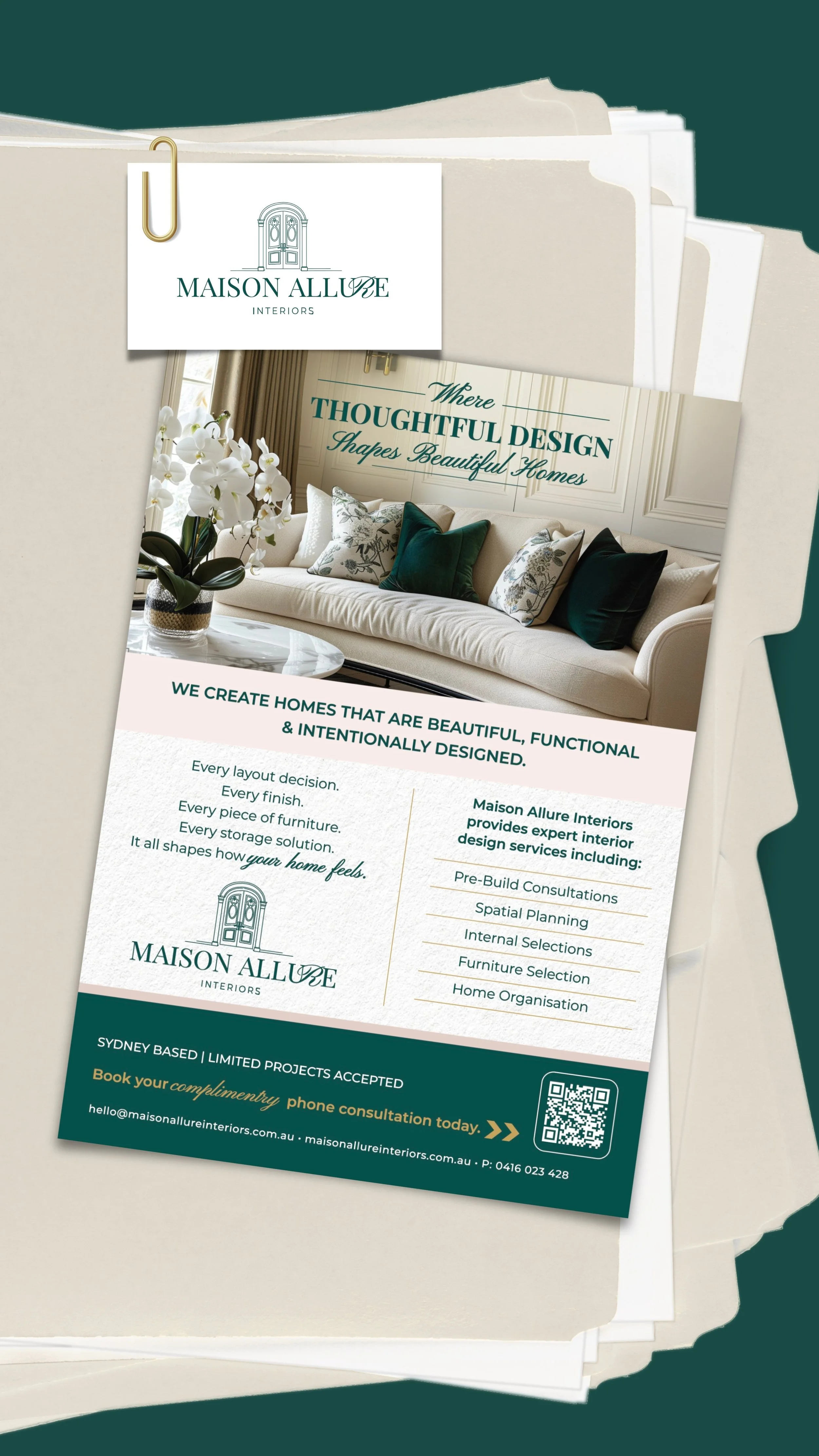 Maison Allure Interiors flyer and business card mockup featuring elegant interior design branding, soft neutral styling, emerald green typography and print collateral.