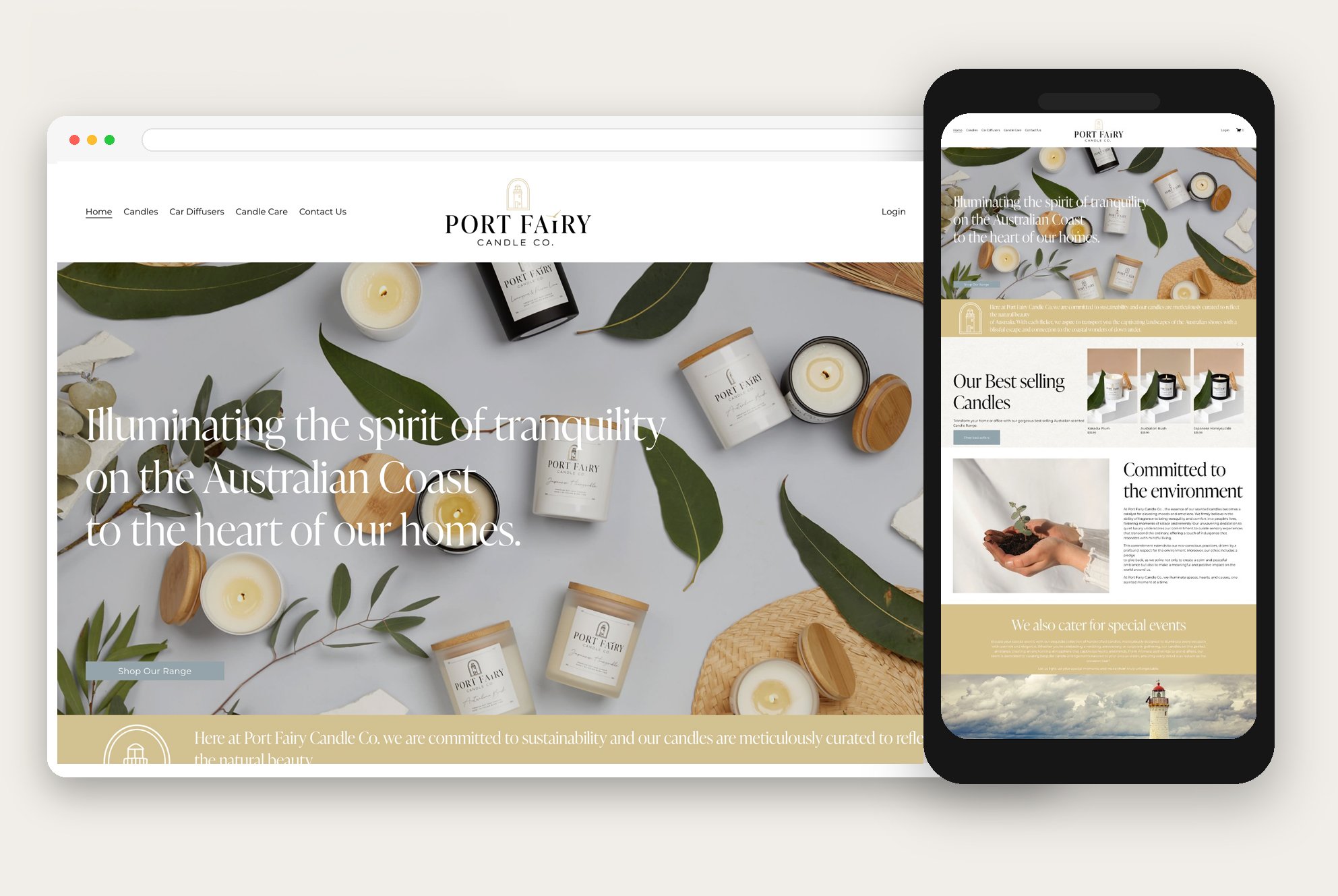 Port Fairy Candle Co. website mockup displayed on desktop and mobile screens, featuring coastal candle branding, product imagery and soft natural website styling.