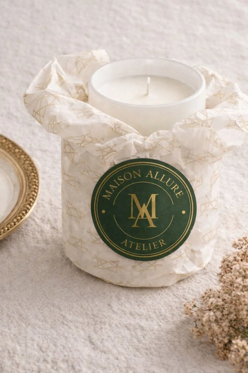 Maison Allure candle packaging mockup featuring a branded green and gold round label, soft tissue paper and elegant neutral styling.