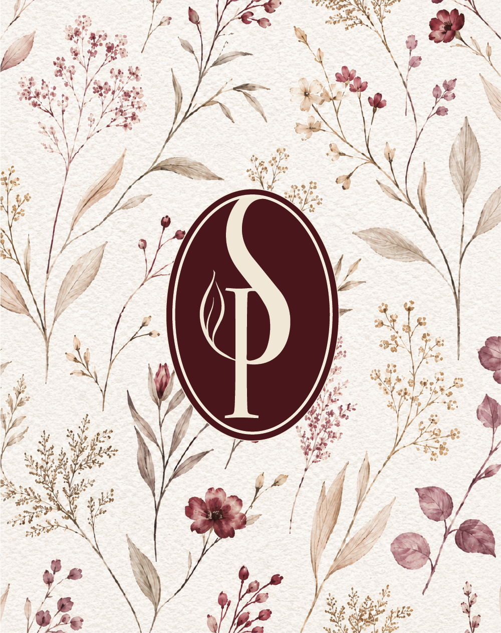 Burgundy Skin to Perfection SP monogram displayed over a soft cream botanical pattern.