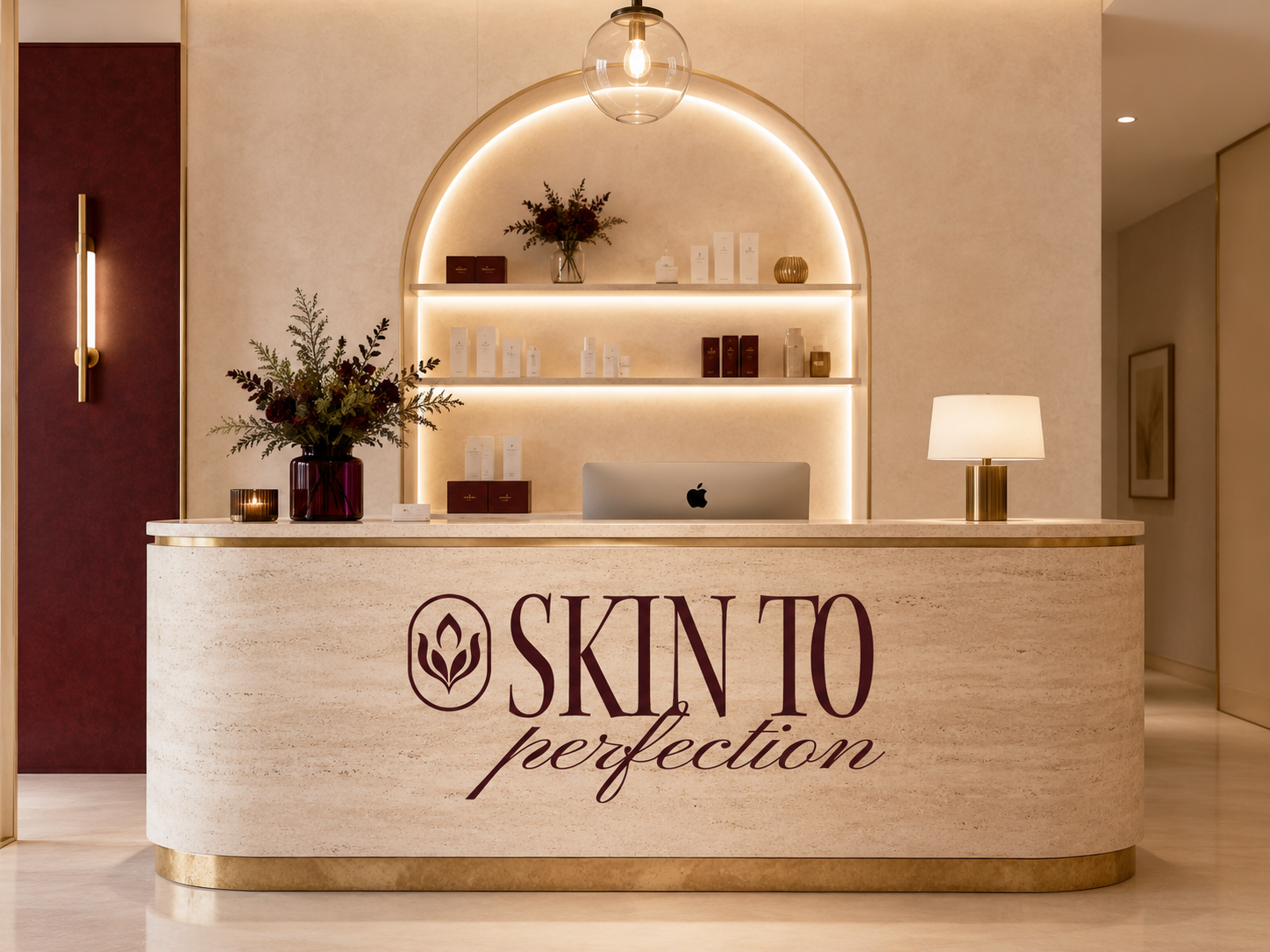 Luxury Skin to Perfection clinic reception featuring a curved stone desk, burgundy logo, warm lighting and arched product shelving.