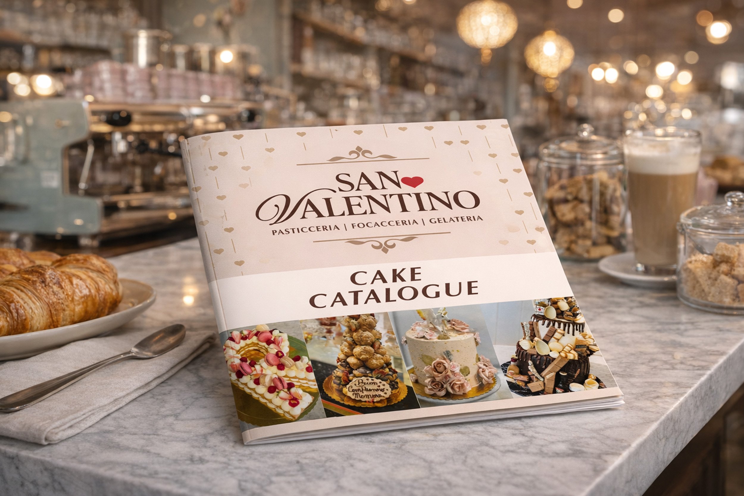 San Valentino Pasticceria cake catalogue mockup displayed on a marble café counter with Italian bakery branding, cake imagery and warm café styling.