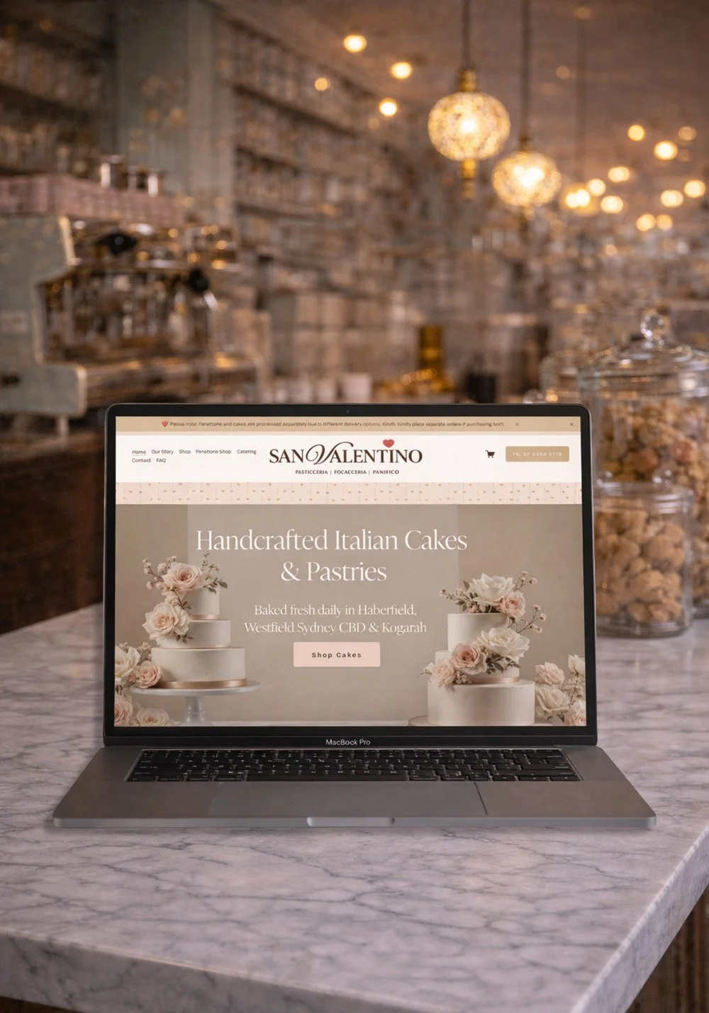 San Valentino Pasticceria website mockup displayed on a laptop in a warm bakery setting, featuring handcrafted Italian cakes and pastries branding.