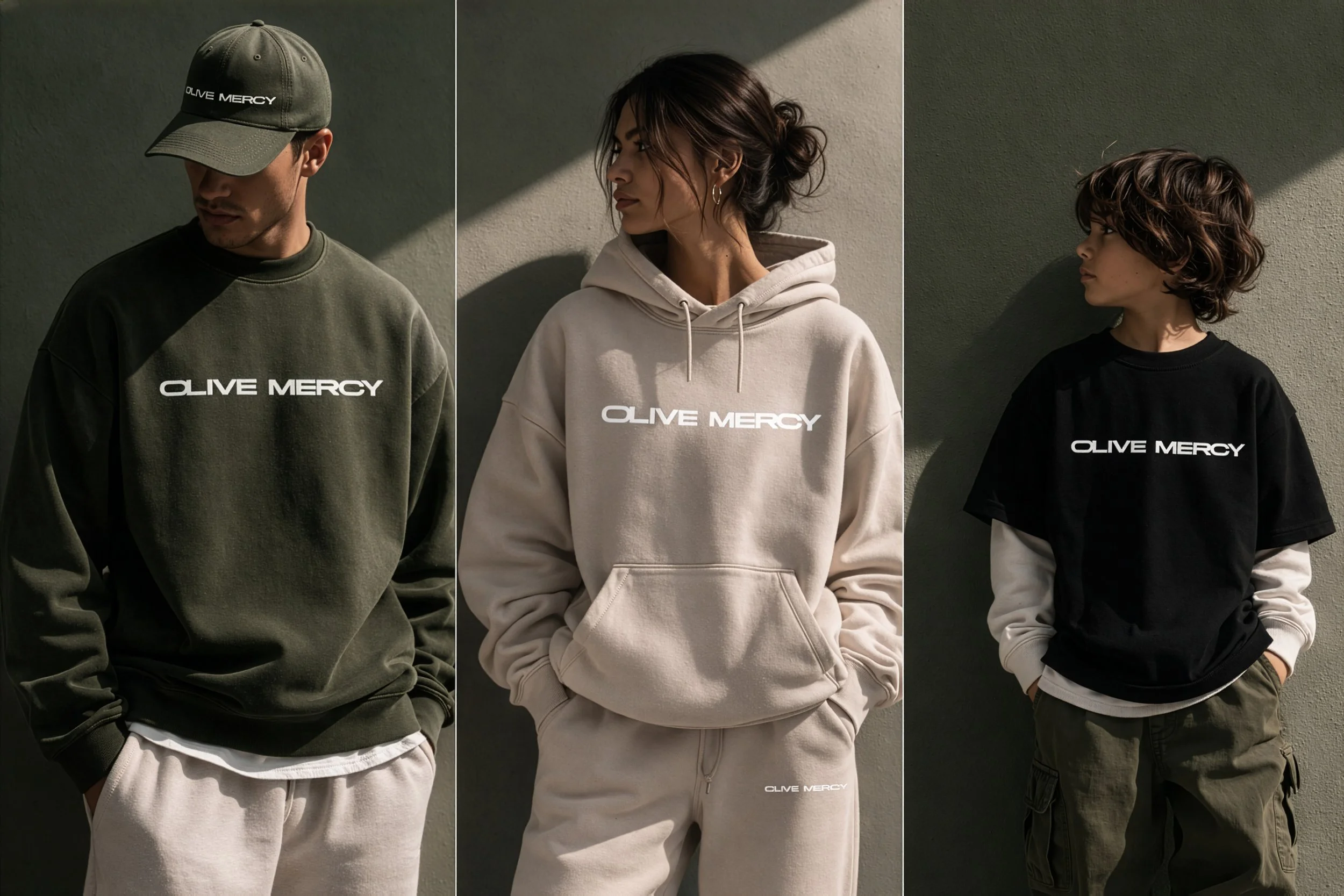 Olive Mercy apparel collection mockup featuring models wearing branded sweatshirts, hoodie and cap in earthy olive, cream and black tones.