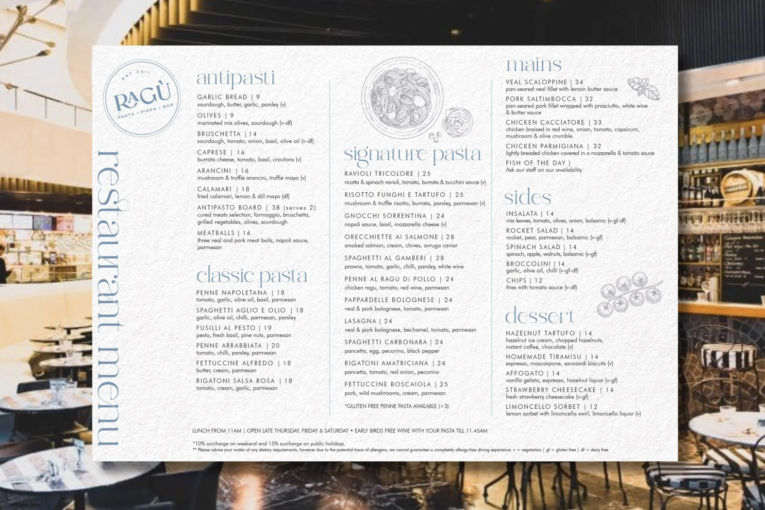 Ragù Pasta Pizza Bar restaurant menu mockup featuring a printed in-house menu design with Italian food categories, illustrated details and elegant restaurant branding.