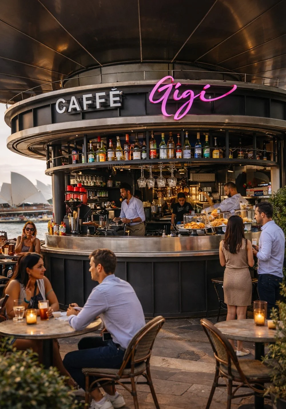 Caffè Gigi outdoor café branding mockup featuring pink illuminated signage, bar service area and customers seated in a warm hospitality setting.