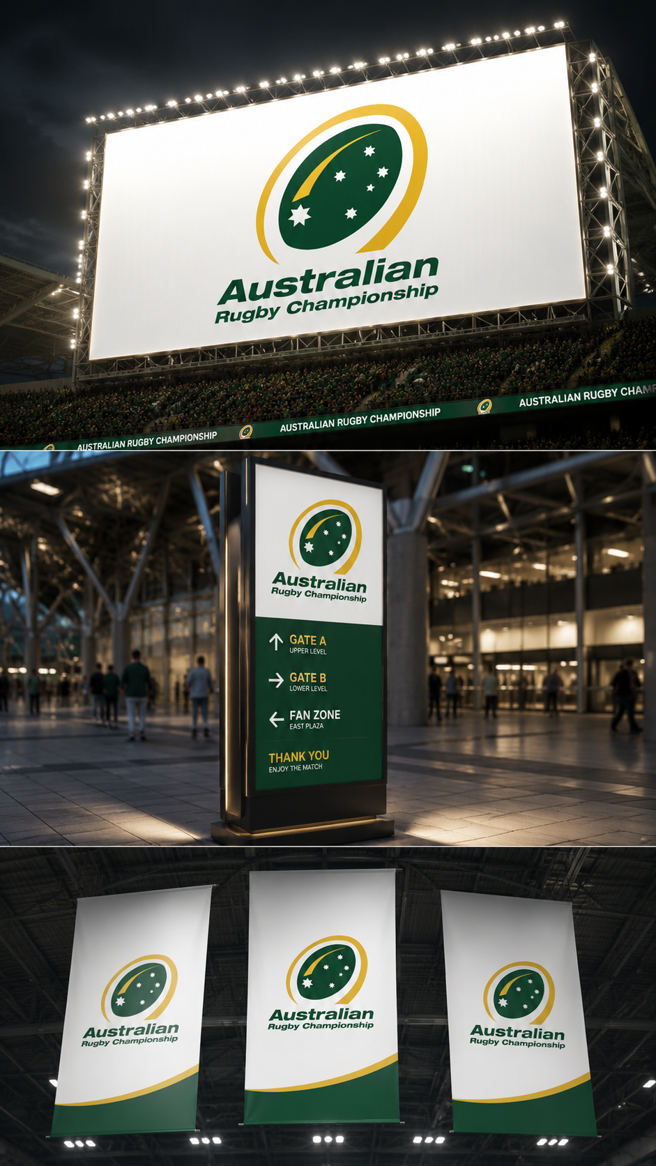Australian Rugby Championship branding displayed across a stadium screen, wayfinding sign and hanging banners.