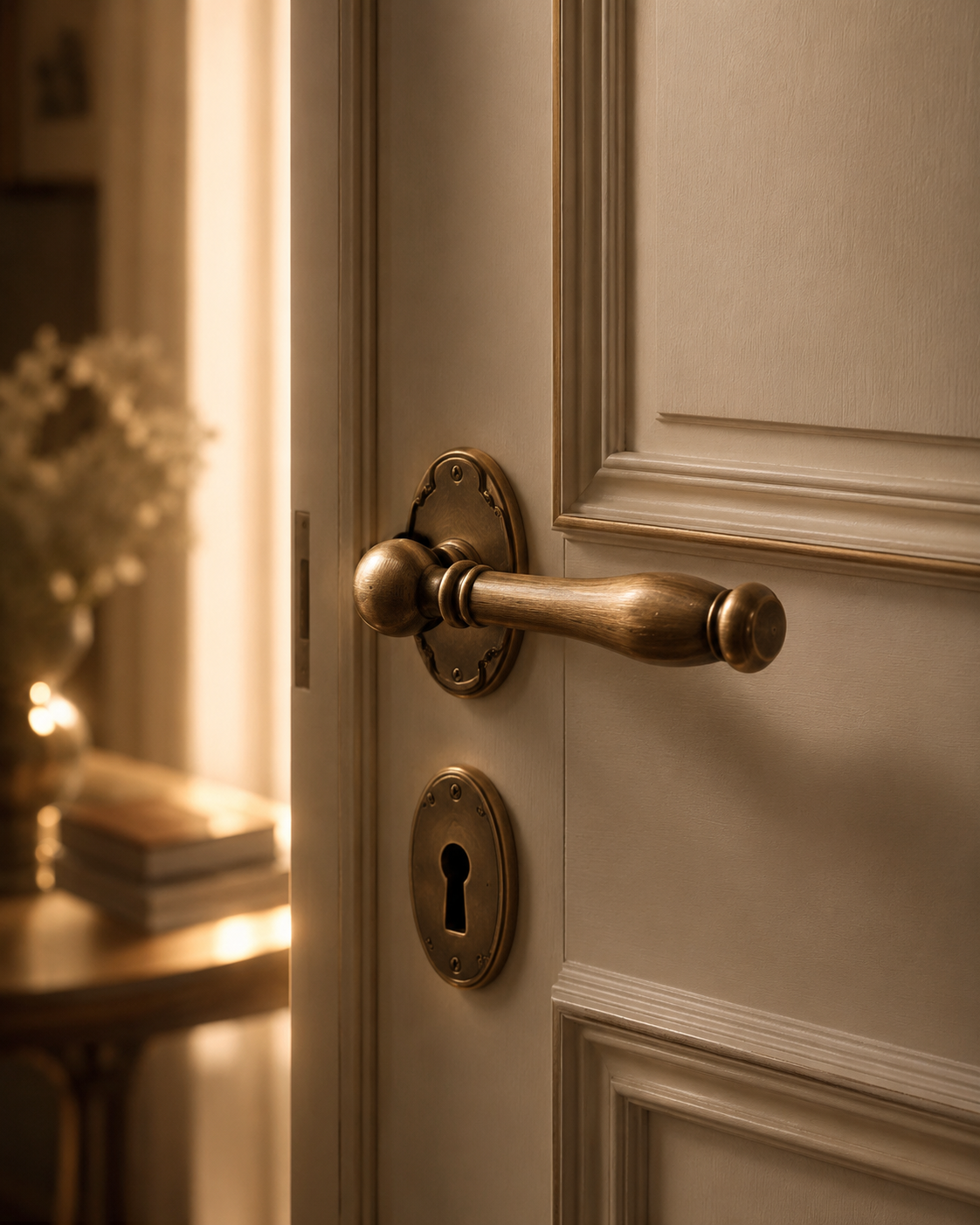 Close-up of a vintage brass door handle and keyhole on a cream-colored wooden door.