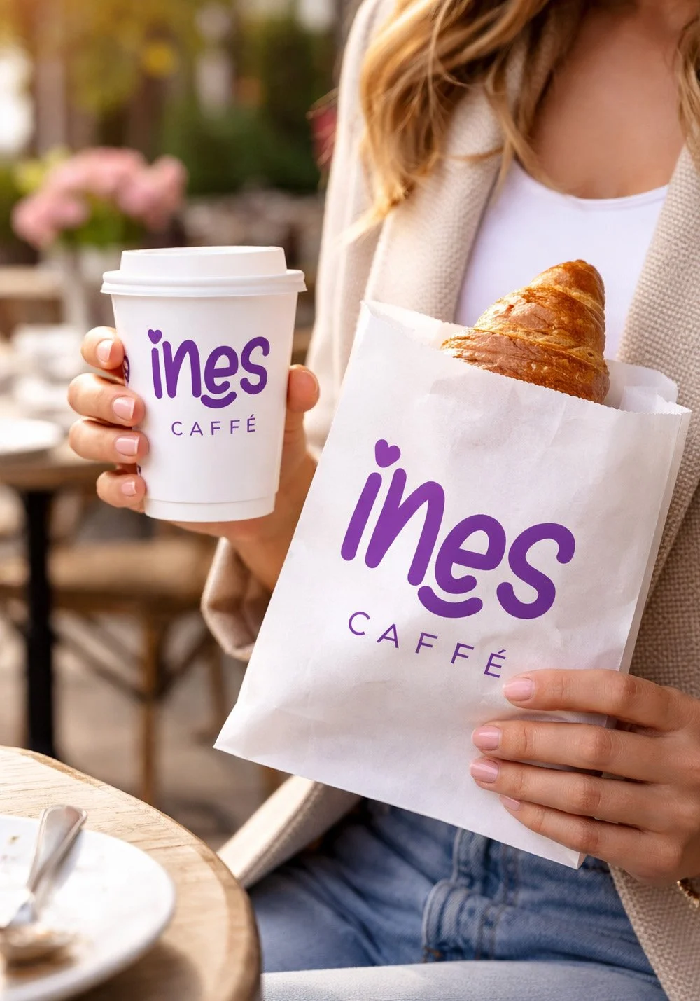 Ines Caffe lifestyle takeaway mockup featuring a branded coffee cup and pastry bag with croissant in a relaxed outdoor café setting.