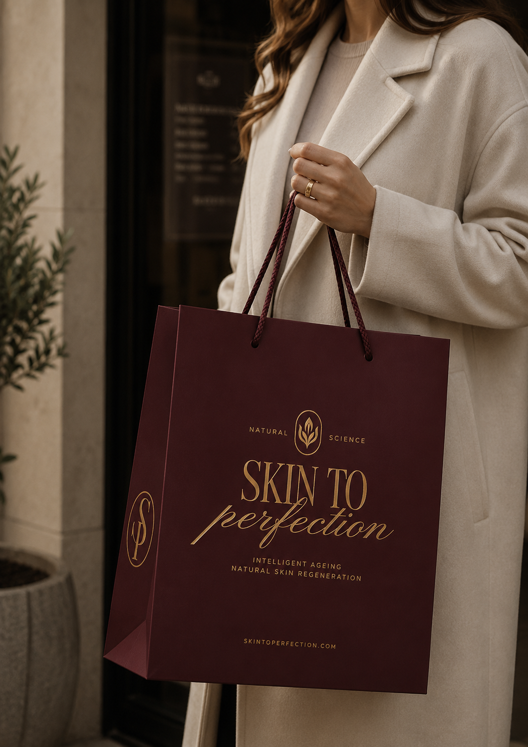 Woman holding a burgundy Skin to Perfection shopping bag featuring the gold logo and monogram.