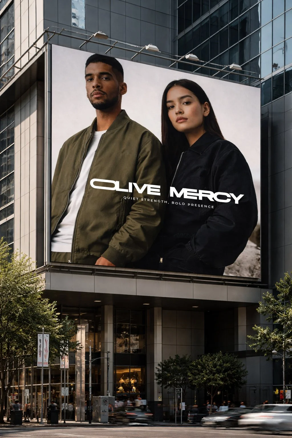 Olive Mercy billboard mockup featuring refined faith-based apparel branding with models in an urban editorial setting.