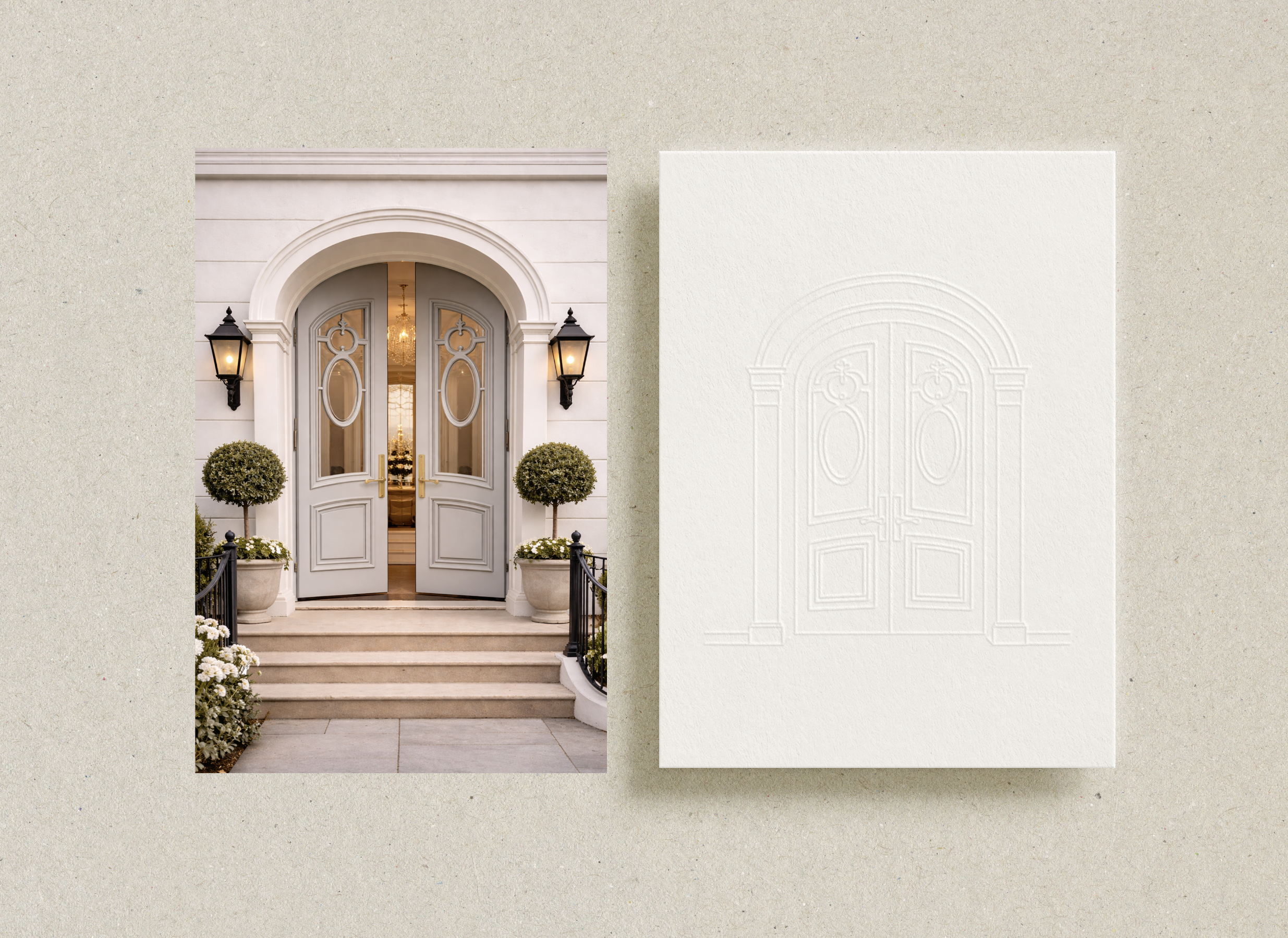 Maison Allure doorway icon brand mockup featuring an elegant entrance photograph beside an embossed doorway illustration on textured paper.