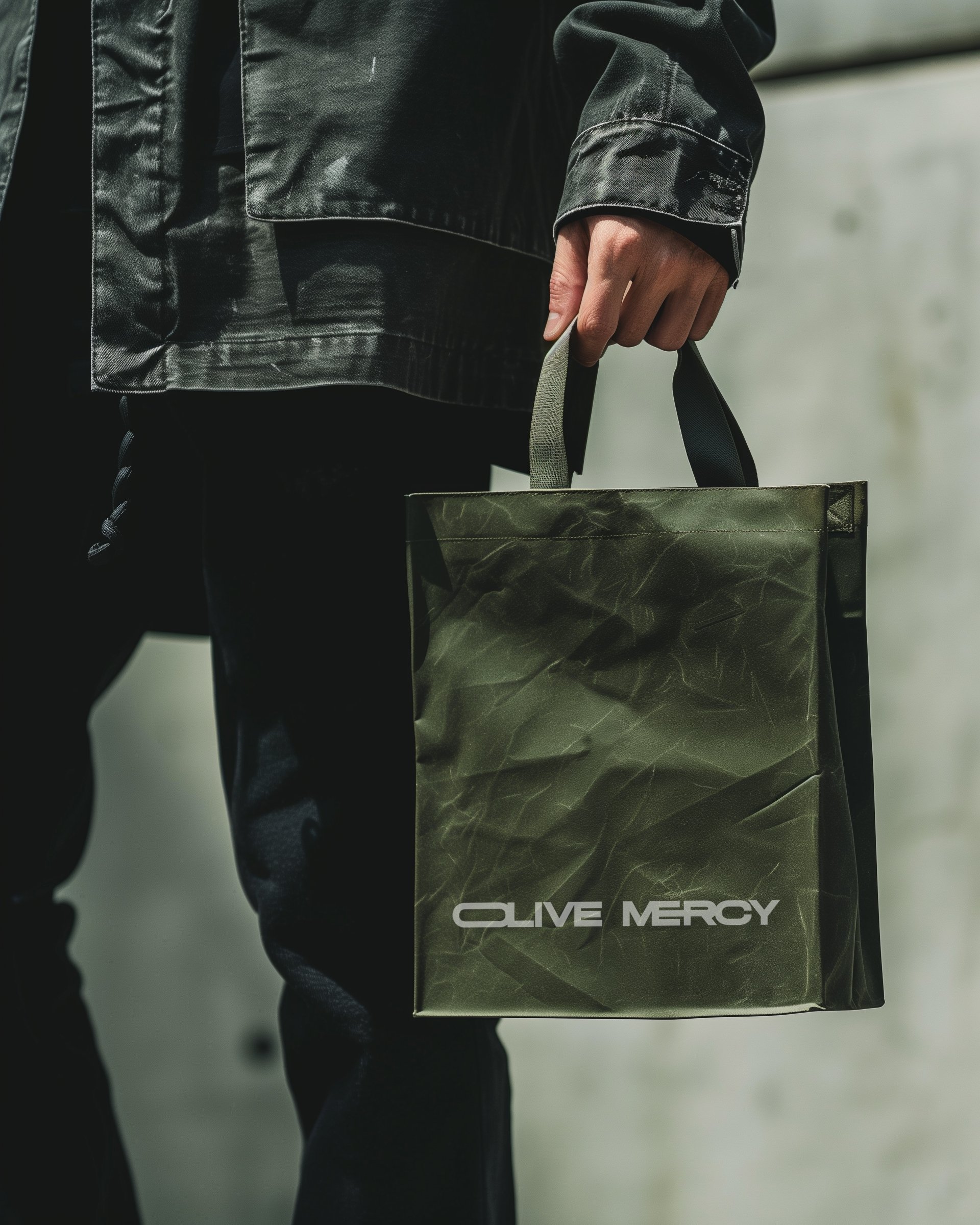 Olive Mercy branded olive green shopping bag mockup held in an editorial streetwear scene.