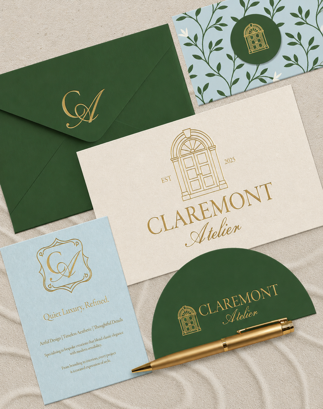 Claremont Atelier luxury brand identity designed by VR Graphics Studio, featuring cream, deep green and pale blue stationery with gold foil details.
