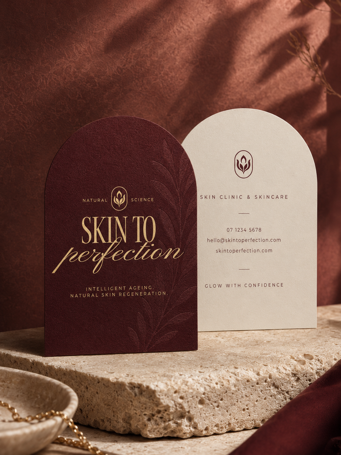 Arched Skin to Perfection business cards featuring burgundy, cream and gold branding with botanical details.