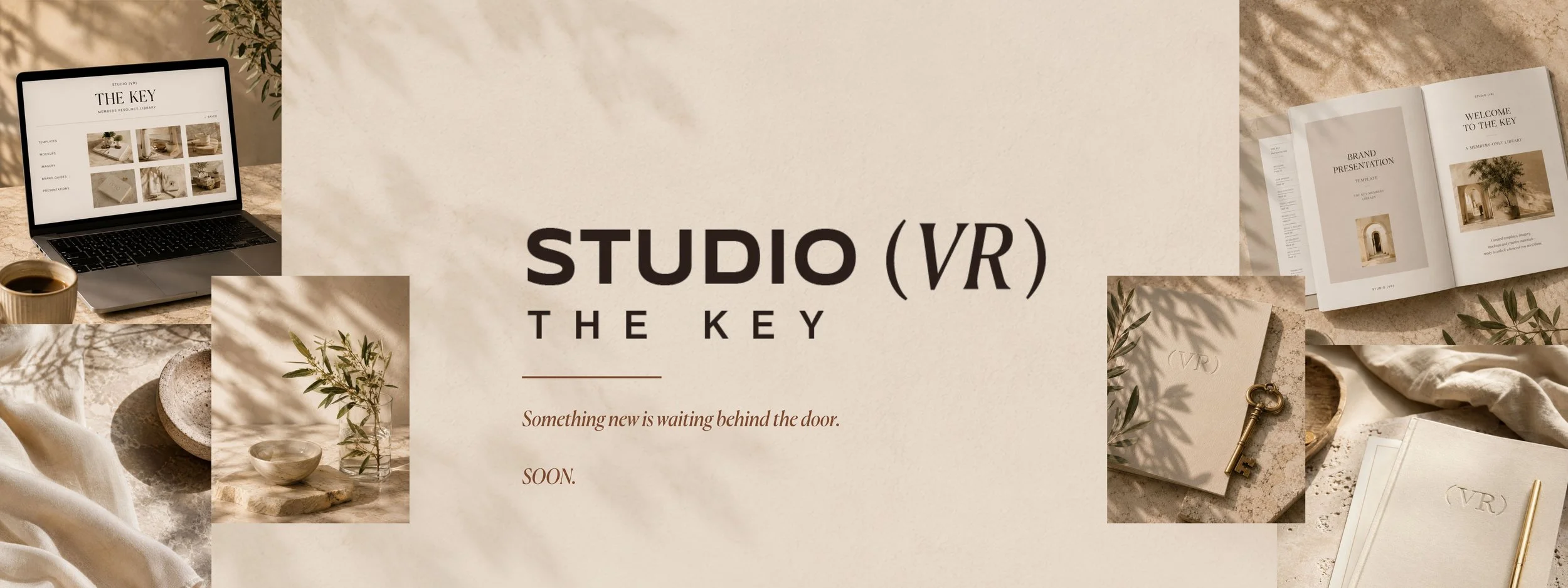 Collage of neutral-toned images including a laptop displaying a website called 'The Key' with images, a cup of coffee, a small bowl, a glass vase with olive branches, an open booklet titled 'Welcome to The Key,' a small notebook with 'VR' embossed on the cover and a key attached, and other decorative items, all related to a visual presentation for 'Studio (VR) The Key' with the tagline 'Something new is waiting behind the door. Soon.'