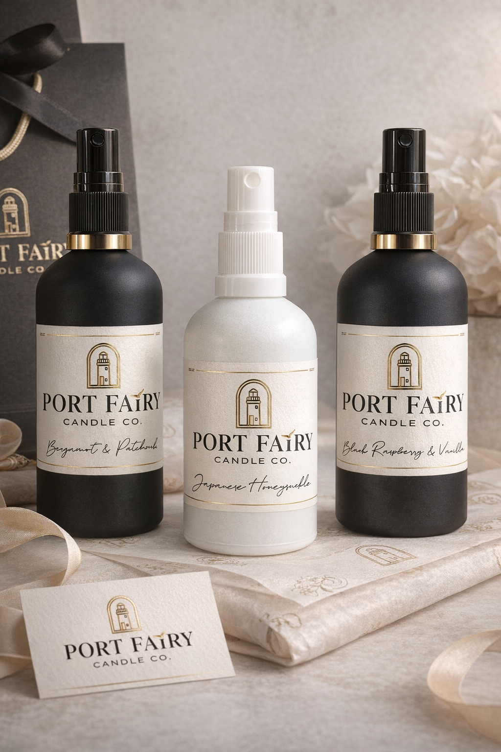 Port Fairy Candle Co. room spray mockup featuring black and white branded fragrance bottles, gold label details and soft natural styling.