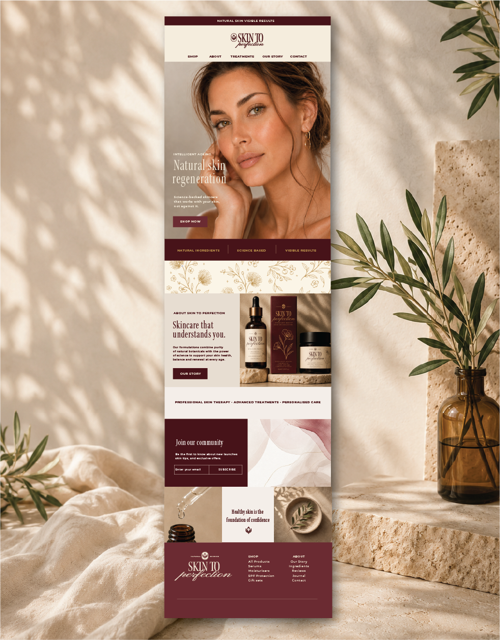 Skin to Perfection luxury skincare website design featuring burgundy and cream branding, botanical details and premium product imagery.