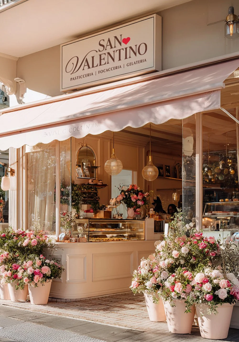 San Valentino Pasticceria storefront mockup featuring exterior signage, warm bakery interior, striped awning and floral café styling.