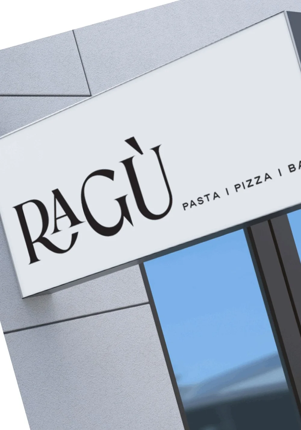 Ragù Pasta Pizza Bar exterior signage mockup featuring the black logo on a white storefront sign above a modern restaurant facade.