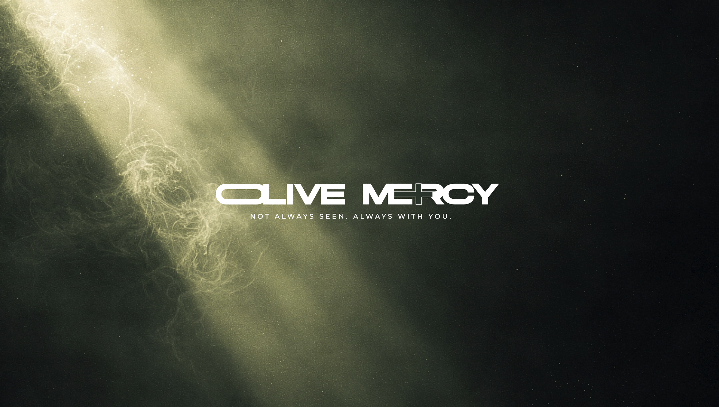 Olive Mercy brand identity hero image featuring the white Olive Mercy logo and tagline on a dark olive green textured background.