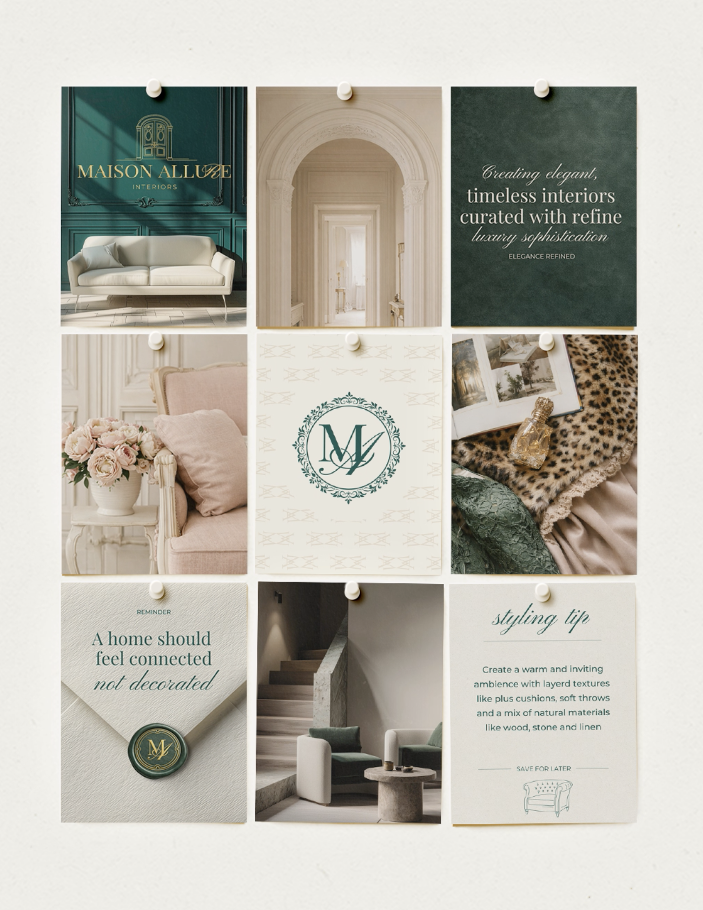 Maison Allure Interiors social media brand grid featuring elegant interior imagery, emerald green branding, monogram details and refined lifestyle content.