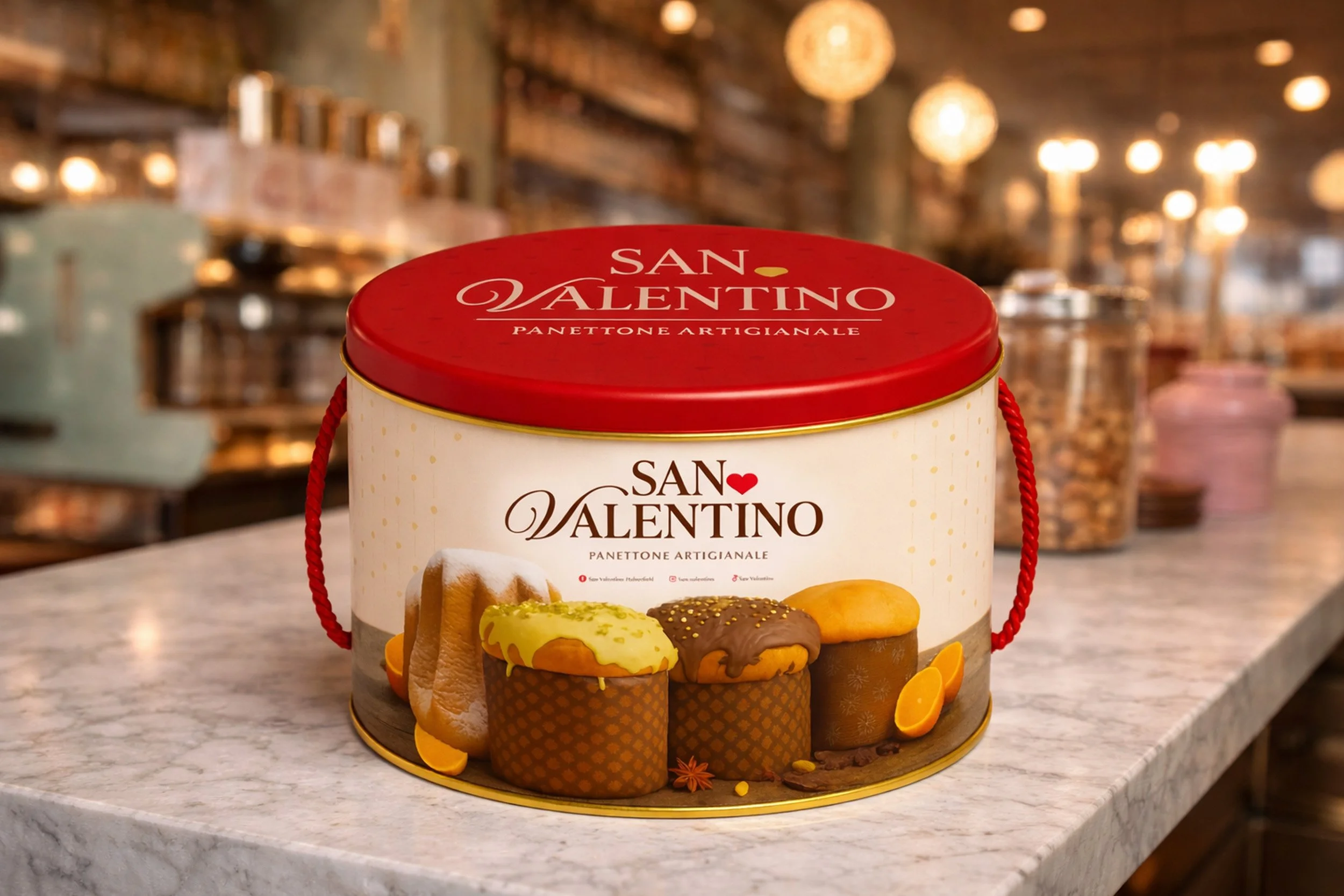 San Valentino Panettone Artigianale packaging mockup featuring a red and cream branded panettone tin on a marble café counter.