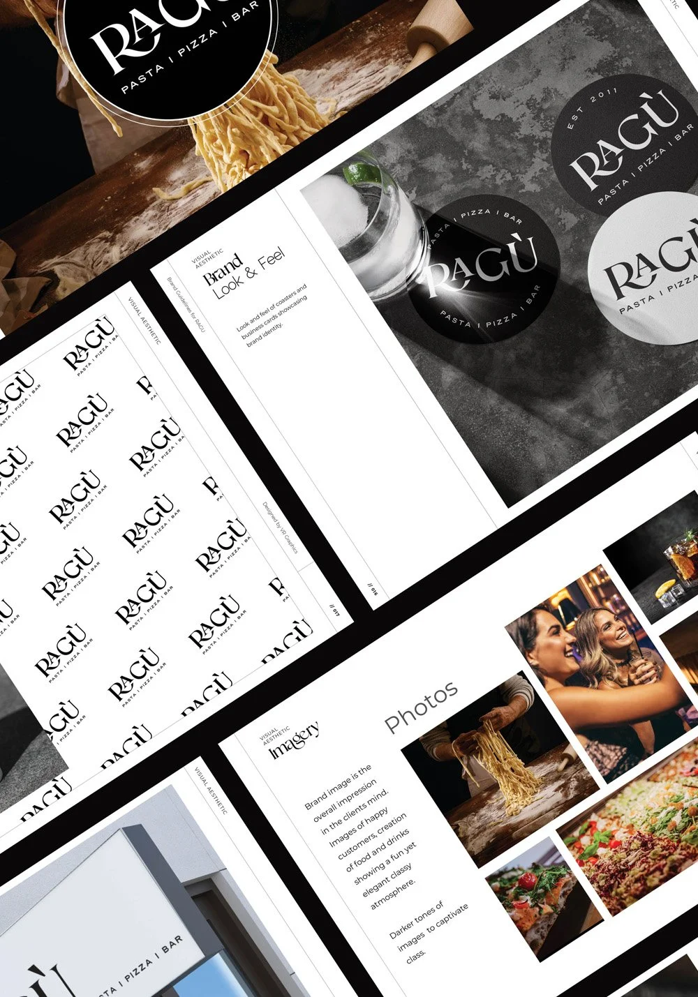 Ragù Pasta Pizza Bar brand guidelines mockup featuring logo variations, brand look and feel, imagery direction and Italian restaurant identity design.